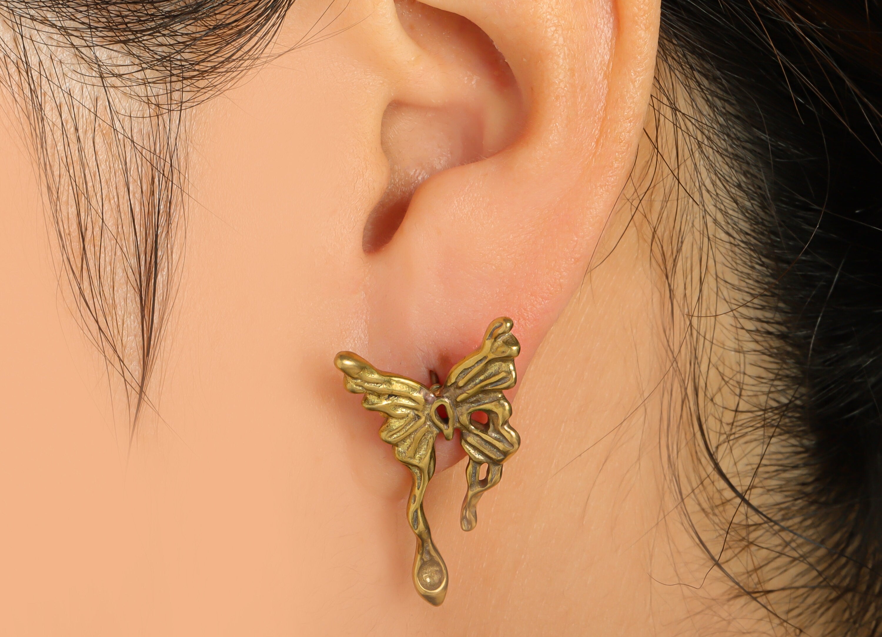 Brass Butterfly Earring Stud - Raw Brass Depression Butterfly Post For Pearl - Melt Butterfly Earring Post - 32.44x17.67x1.9mm- PP8643 - DOMEDBAZAAR