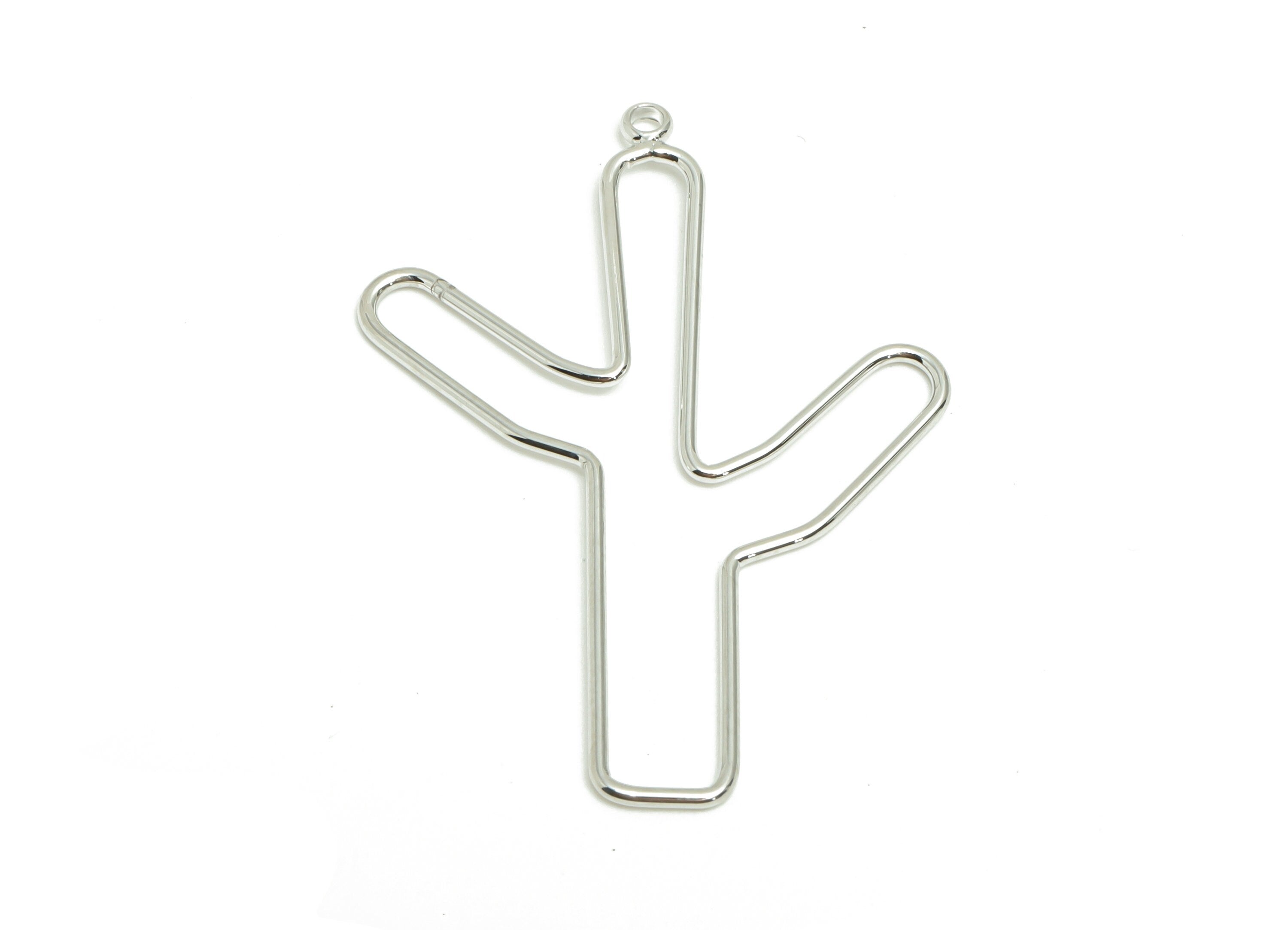 Brass Cactus Earring Charms - Brass Cactus Charm - Botanical Earring Charm - Brass Wire Cactus Earring - 18K White Gold -43x32x1mm - PP7061S - DOMEDBAZAAR