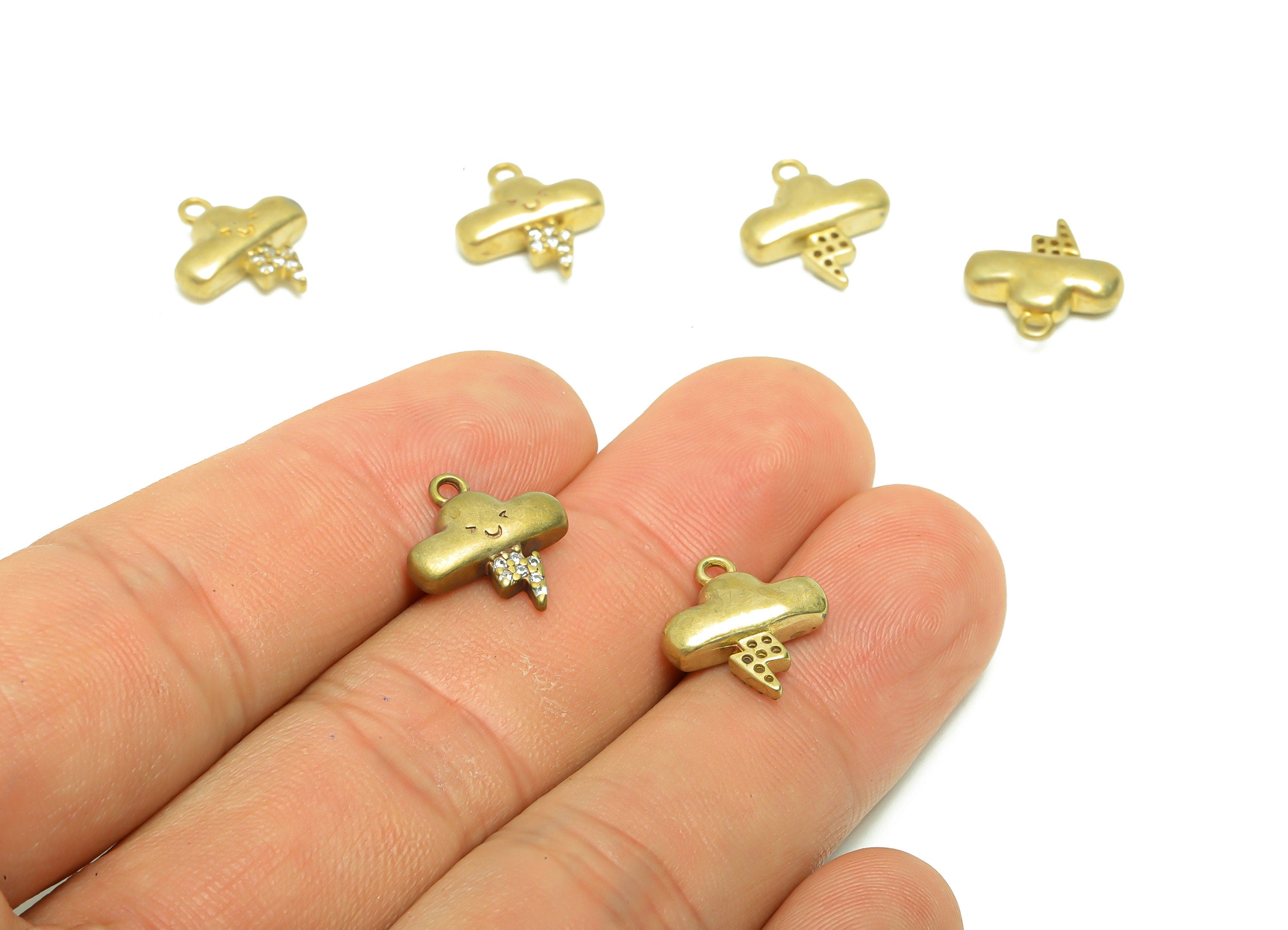 Brass Cloud Earring Charm - Raw Brass Clouds Face Pendant - Brass lightning Simal Face - Brass Zircon Earring Charms - 13.6x12x3mm - PP8674 - DOMEDBAZAAR