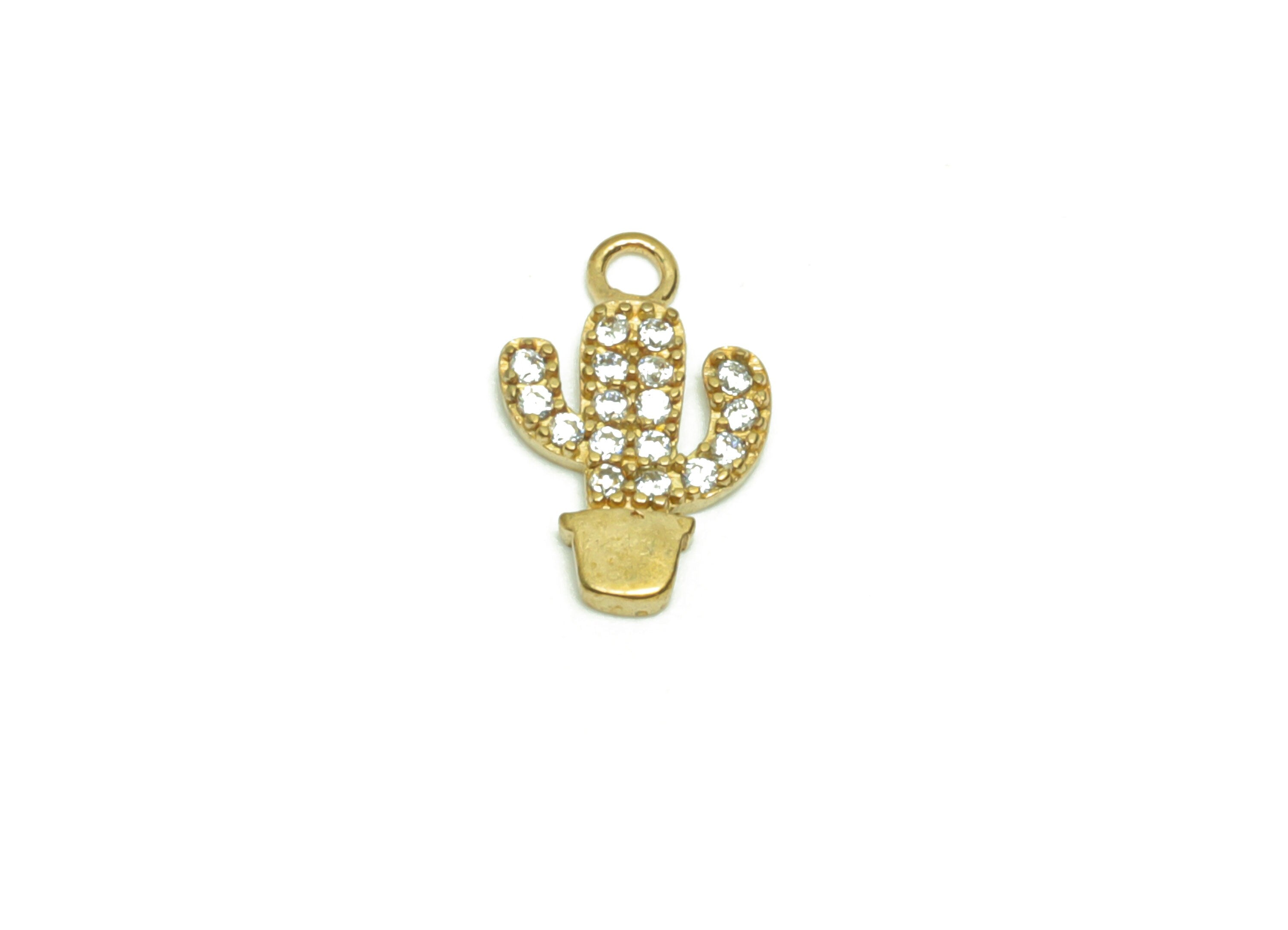 Brass Celestial Cactus Earring Charm - Raw Brass Cactus Pendant - Brass Cubic Zircon Cactus - Brass Botanical Pendant - 11x7x1.28mm - PP8686 - DOMEDBAZAAR