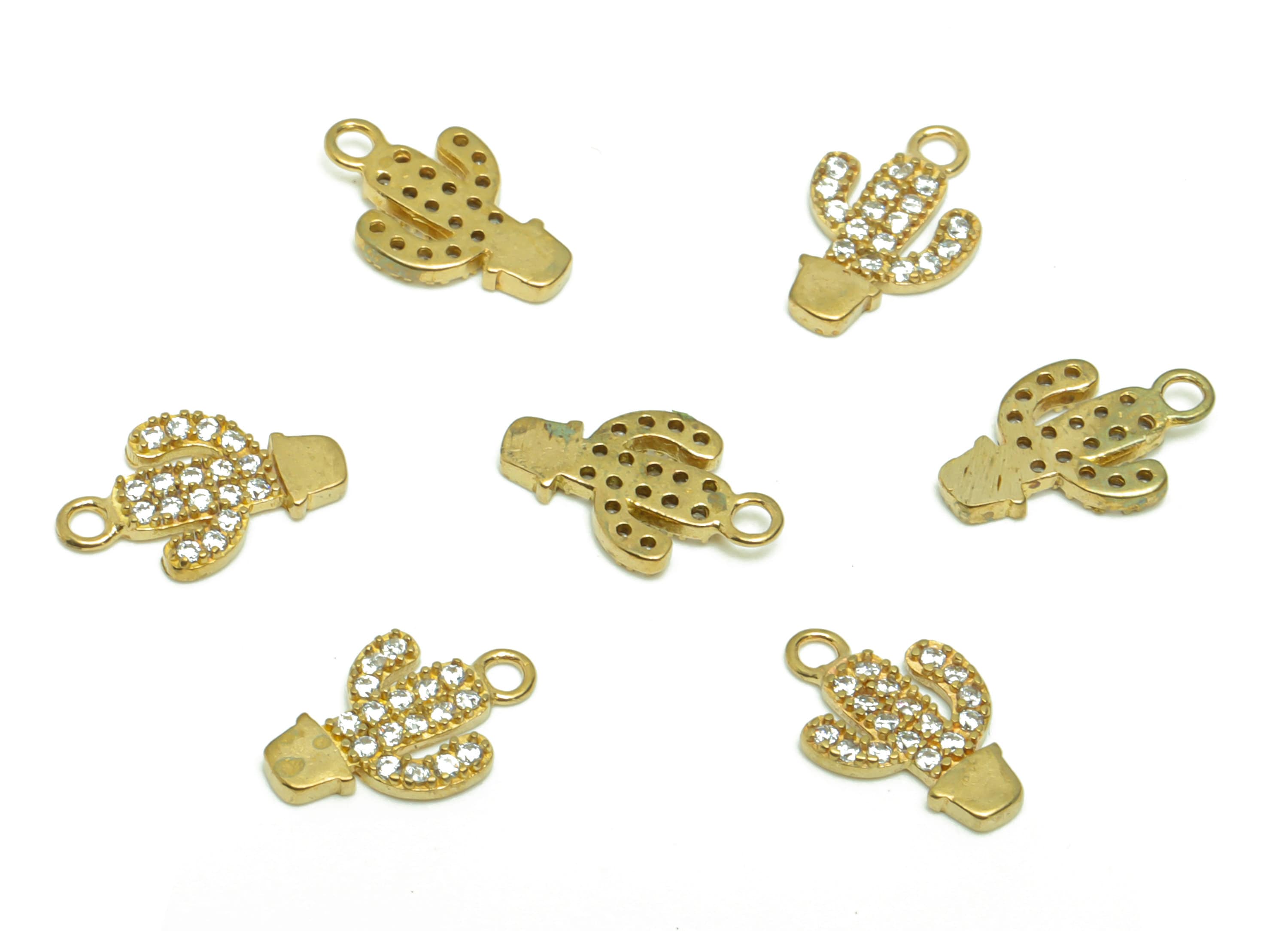 Brass Celestial Cactus Earring Charm - Raw Brass Cactus Pendant - Brass Cubic Zircon Cactus - Brass Botanical Pendant - 11x7x1.28mm - PP8686 - DOMEDBAZAAR