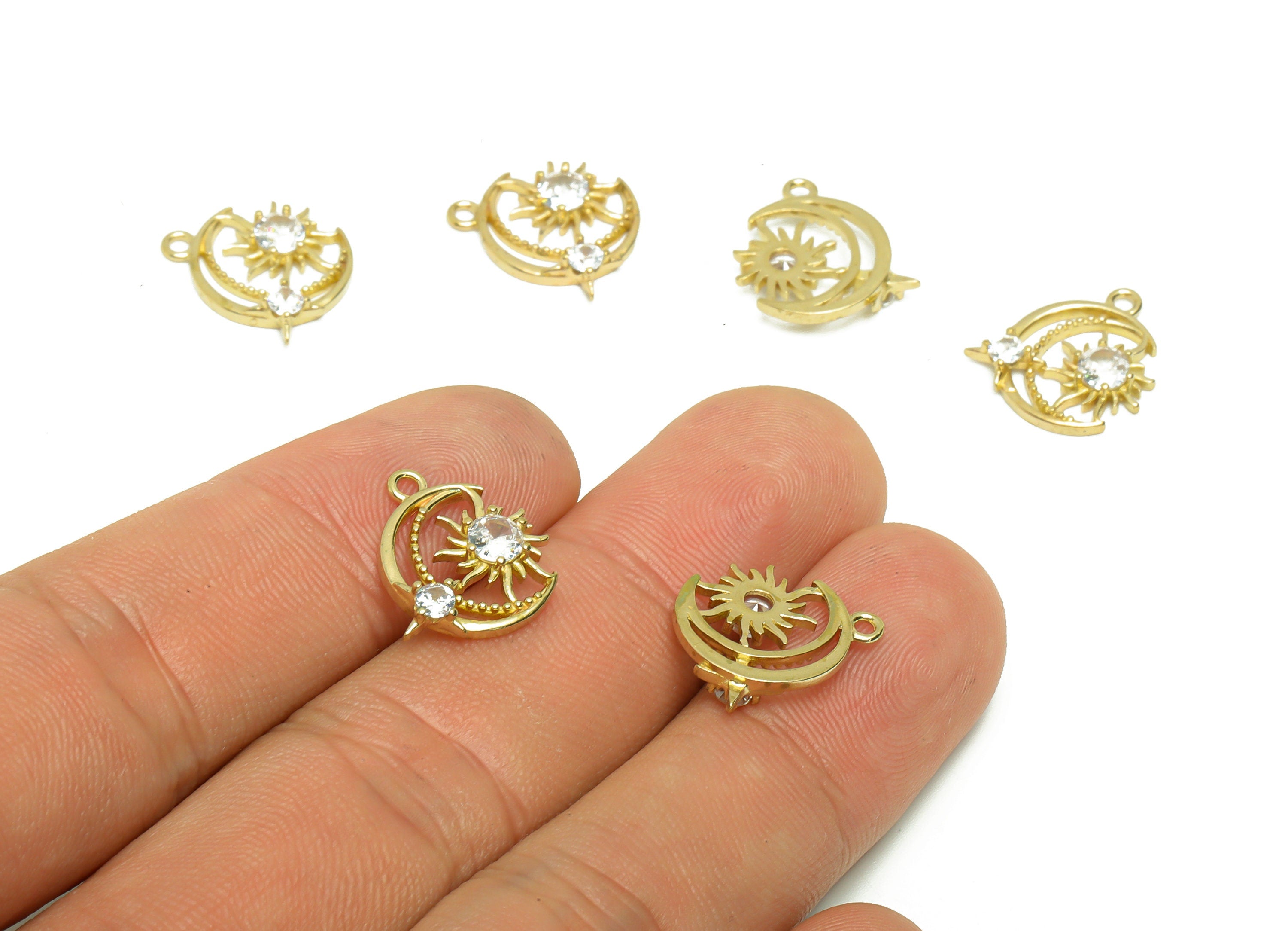 Brass Crescent Earring Charm - Raw Brass Sunshine Pendant - Brass Cubic Zircon Moon Sun Earring Charms - 12.81x6.62x2.61mm - PP8685 - DOMEDBAZAAR