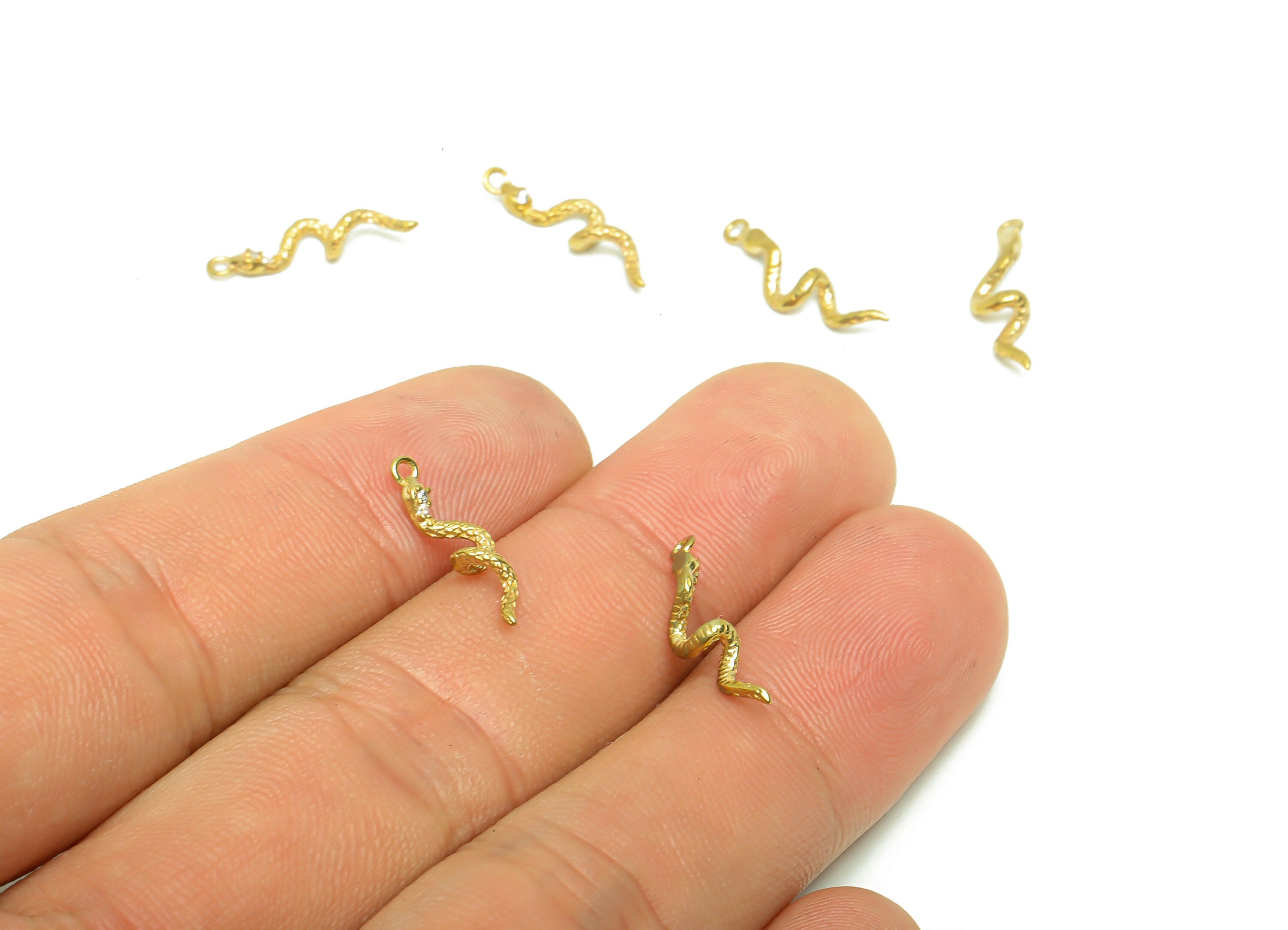 Brass Snake Earring Charm - Raw Brass Mini Snake Pendant - Cubic Zircon Animal Earring Charms - Baby Snake Earring Charm - 16x5x2mm - PP8699 - DOMEDBAZAAR