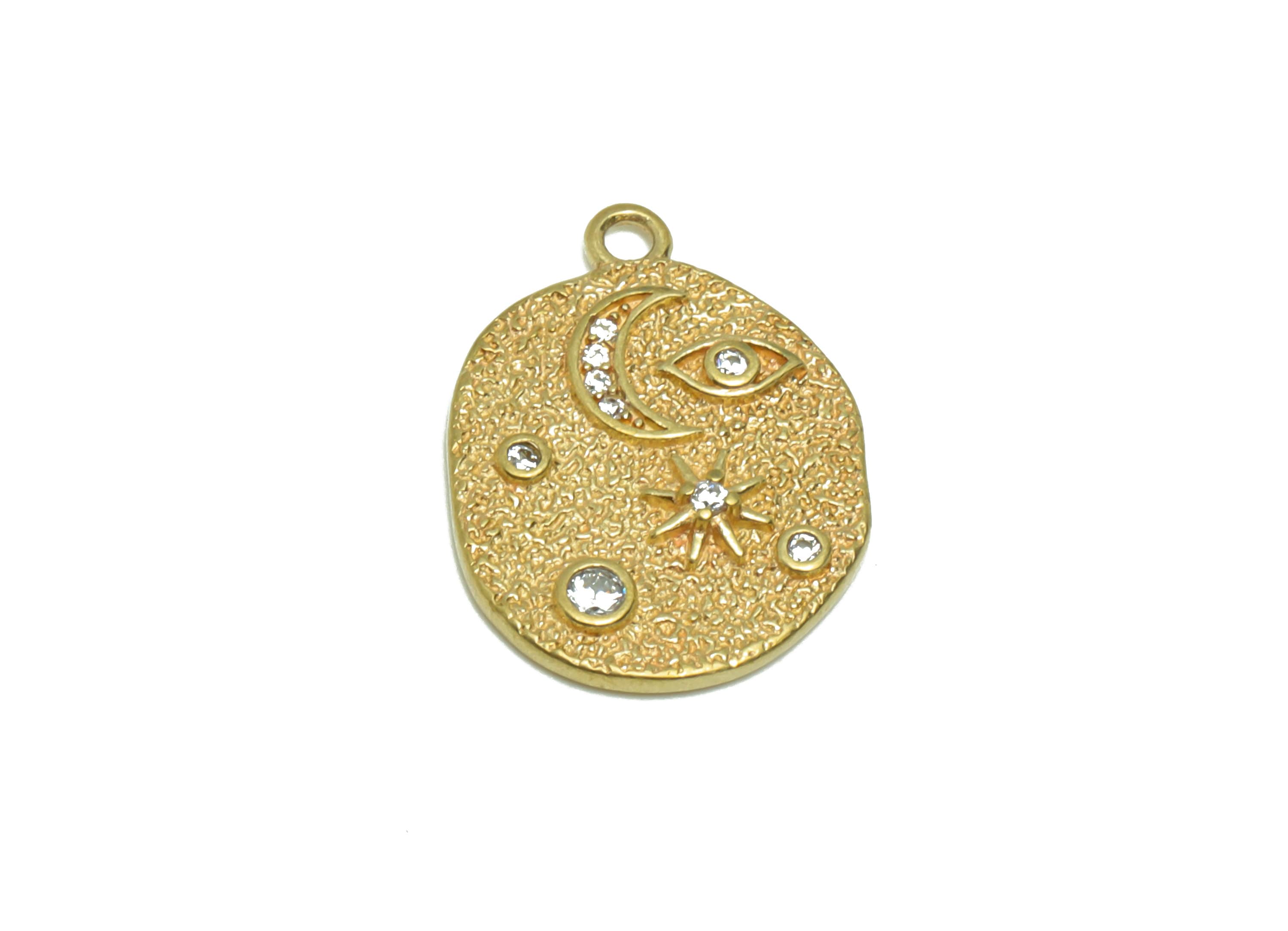 Brass Crescent Earring Charm - Raw Brass Star Pendant - Brass Cubic Zircon Earring Charms - Brass Star Eye Charm - 18.32x13.5x1.9mm - PP8680 - DOMEDBAZAAR
