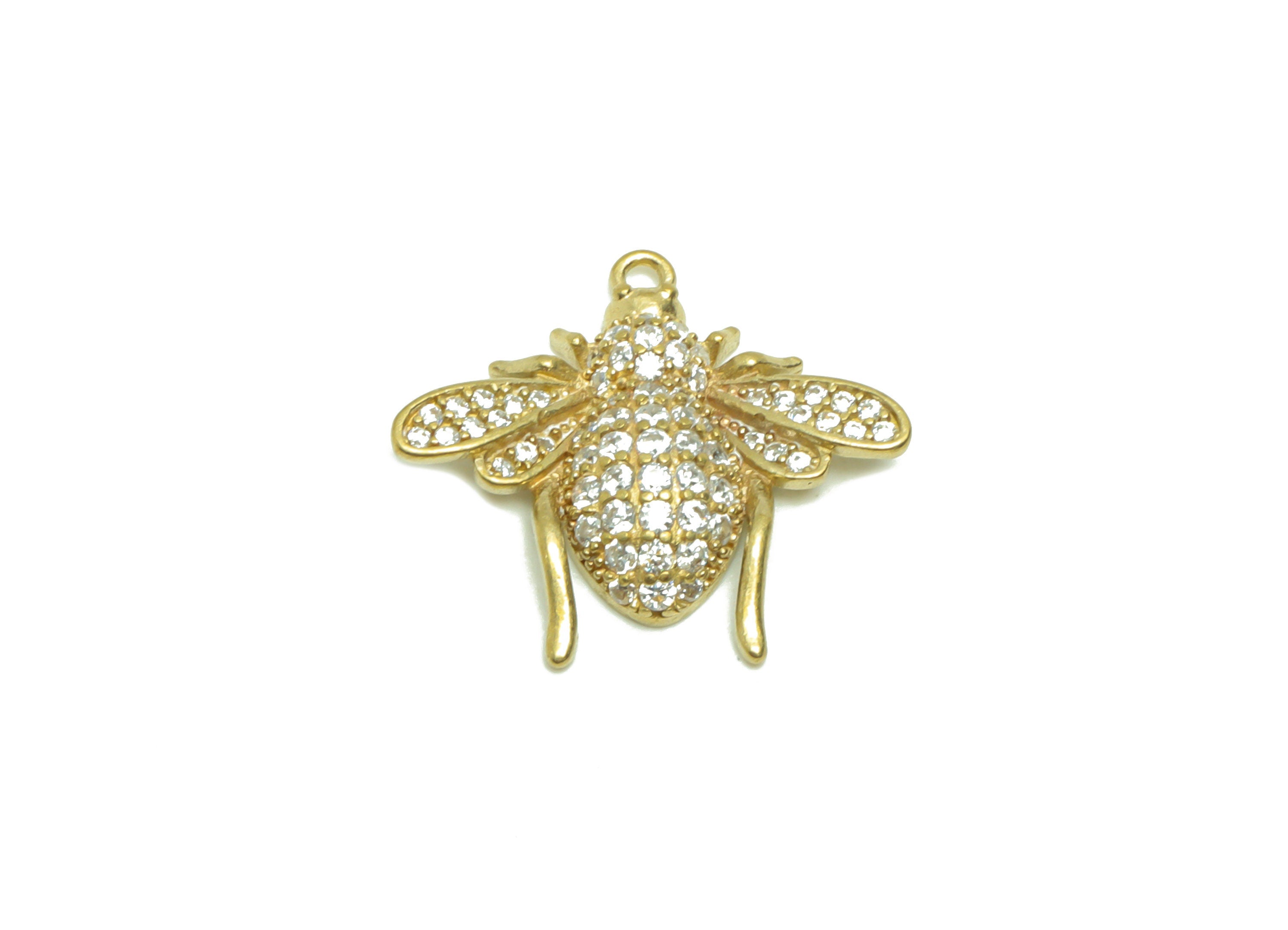 Brass Bee Earring Charm - Raw Brass Inset Pendant - Brass Cubic Zircon Bee Earring Charms - Brass Animal Charm - 17.4x18.65x4.07mm- PP8698 - DOMEDBAZAAR