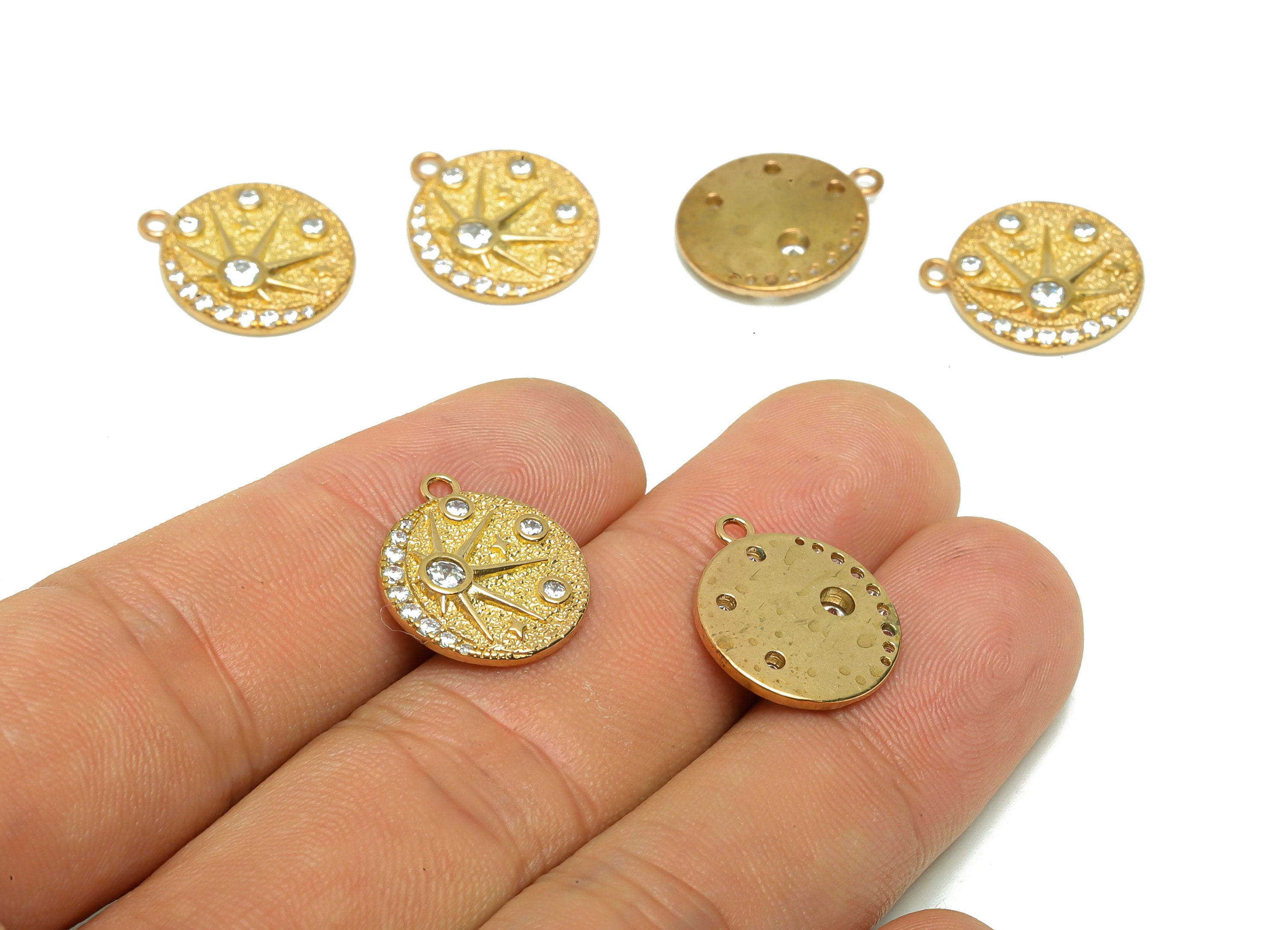 Brass Round Earring Charm - Raw Brass Sunshine Pendant - Brass Cubic Zircon Sun Earring Charms - Brass Textured Charm - 17.22x14x2mm- PP8688 - DOMEDBAZAAR