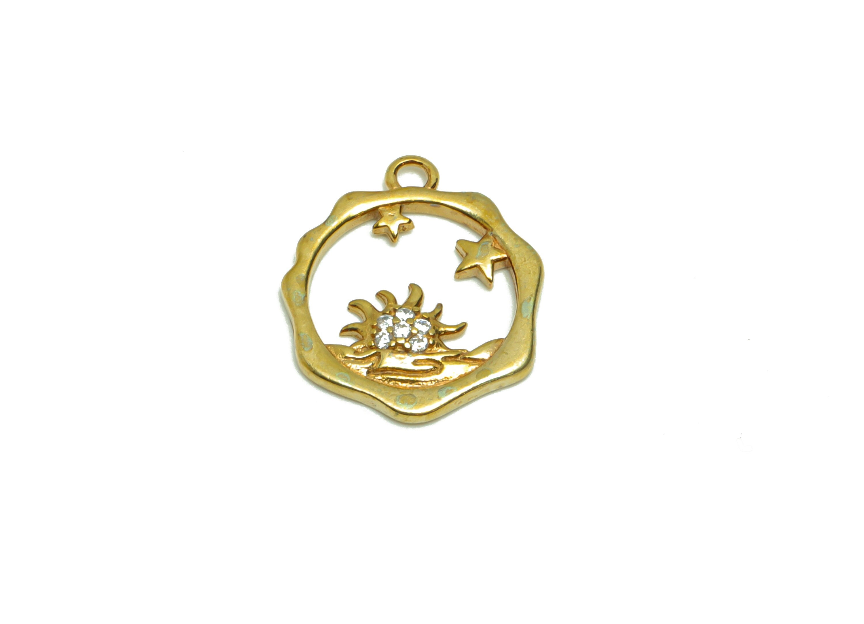 Brass Sun Earring Charm - Raw Brass Sea Surface Sunrise Pendant - Cubic Zircon Sun Earring Charms - Brass Celestial Charm -16x13x1mm- PP8697 - DOMEDBAZAAR