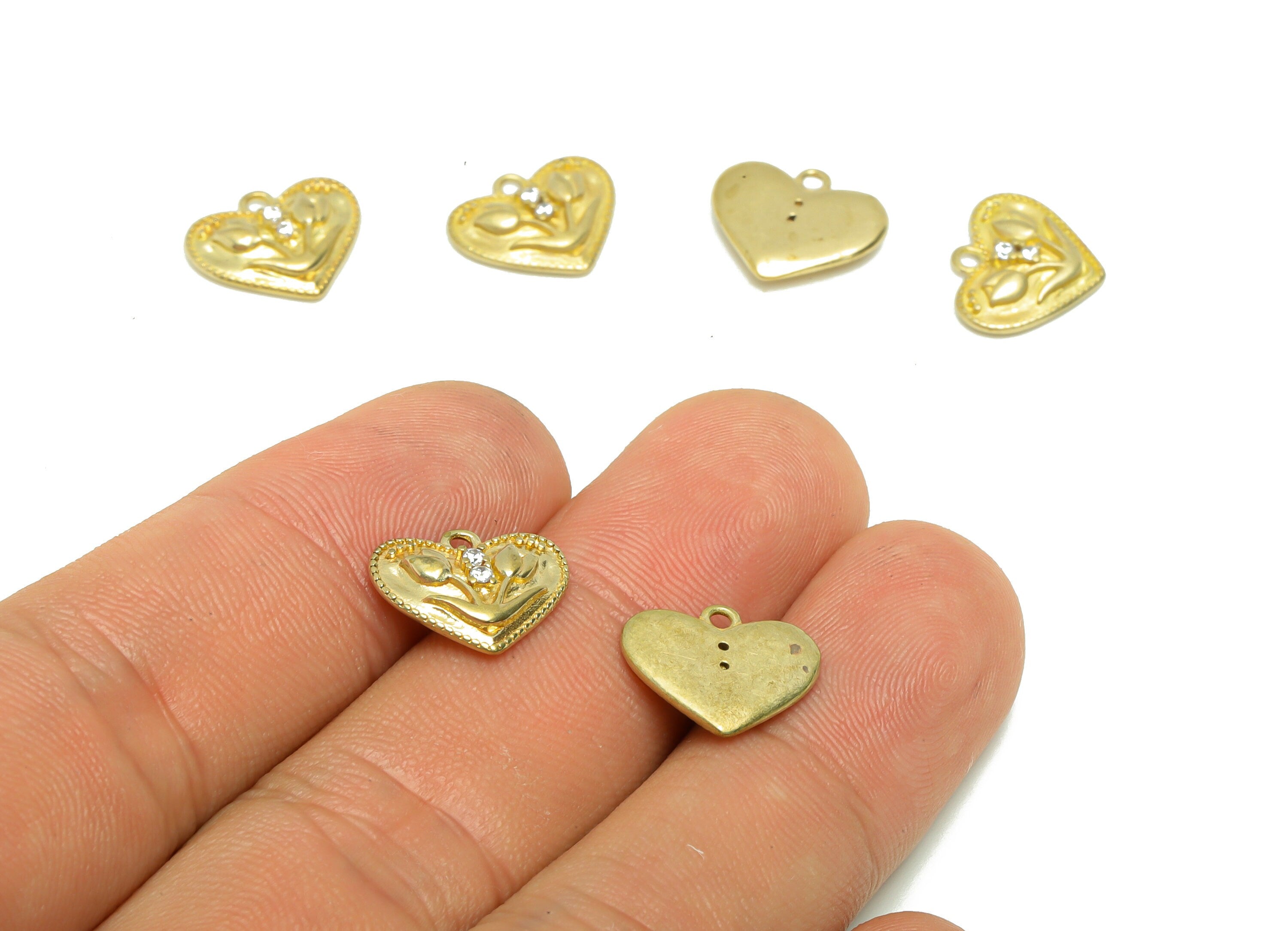 Brass Tulip Earring Charm - Raw Brass Heart Tulip Pendant - Cubic Zircon Tulip Earring Charms - Brass Botanical Charm -11x13.56x2mm- PP8684 - DOMEDBAZAAR