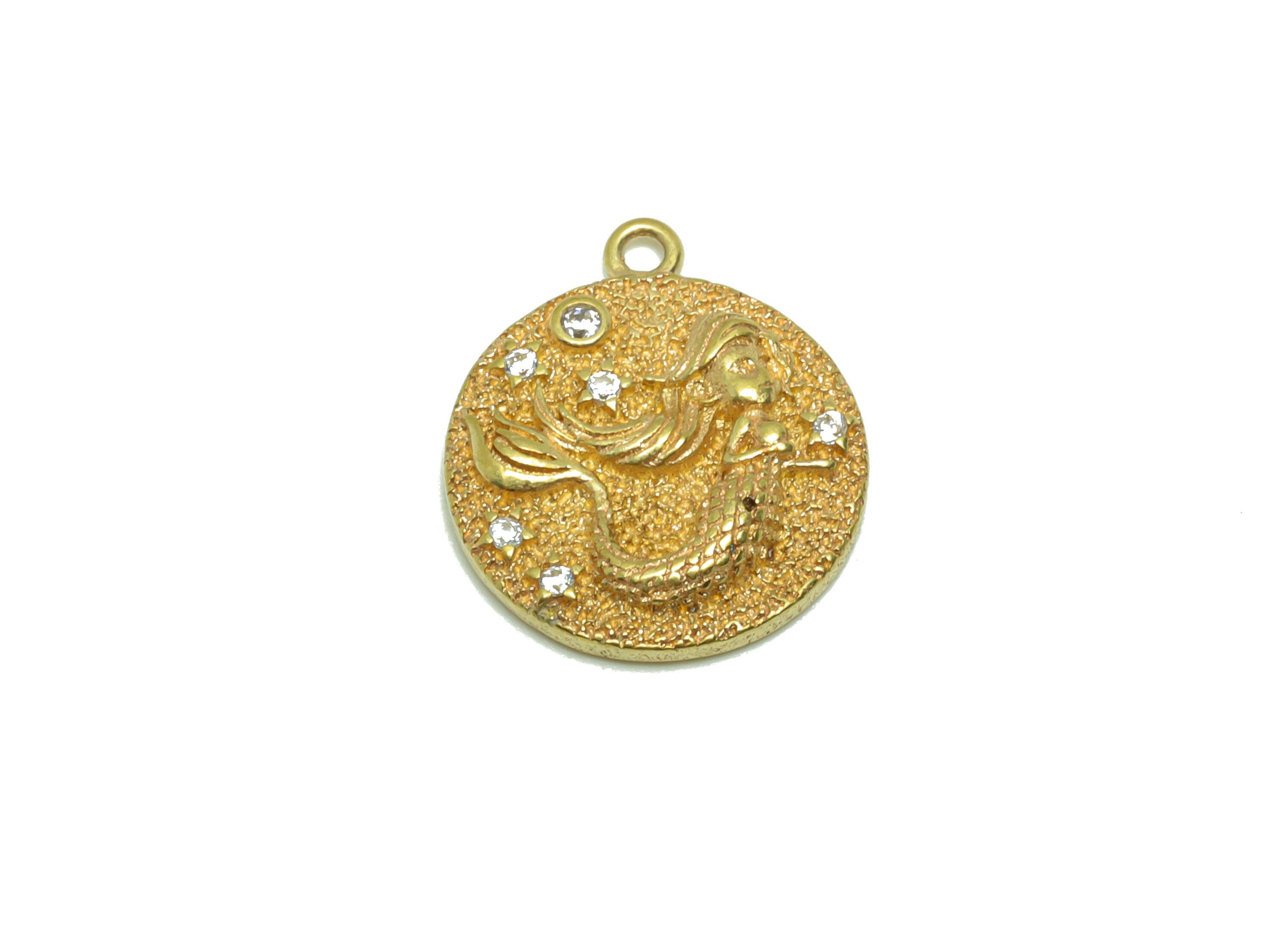 Brass Mermaid Earring Charm - Raw Brass Round Pendant - Brass Cubic Zircon Mermaid Earring Charm - Textured Mermaid Star -17x14x3mm - PP8691 - DOMEDBAZAAR