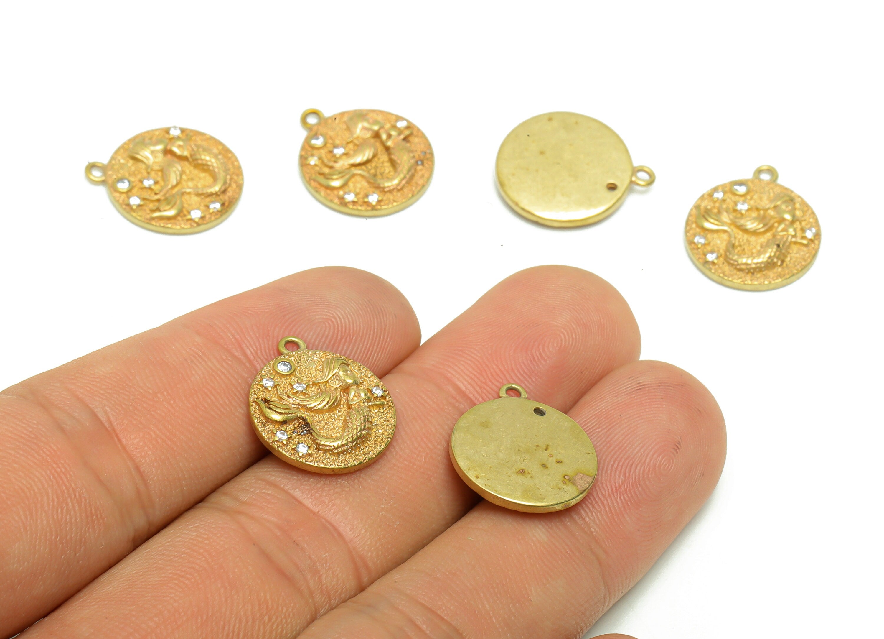 Brass Mermaid Earring Charm - Raw Brass Round Pendant - Brass Cubic Zircon Mermaid Earring Charm - Textured Mermaid Star -17x14x3mm - PP8691 - DOMEDBAZAAR