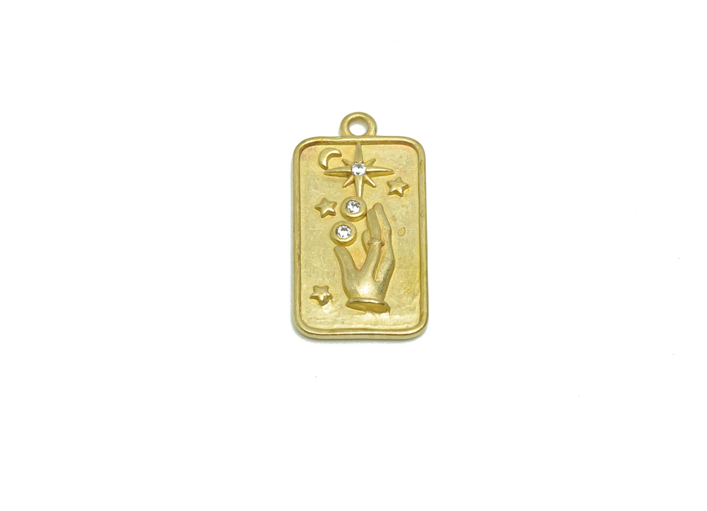 Brass Hand Signs Earring Charm - Raw Brass Rectangle Pendant - Cubic Zircon Star Crescent Earring Charm - Space Charm - 19.7x10x1mm - PP8705 - DOMEDBAZAAR