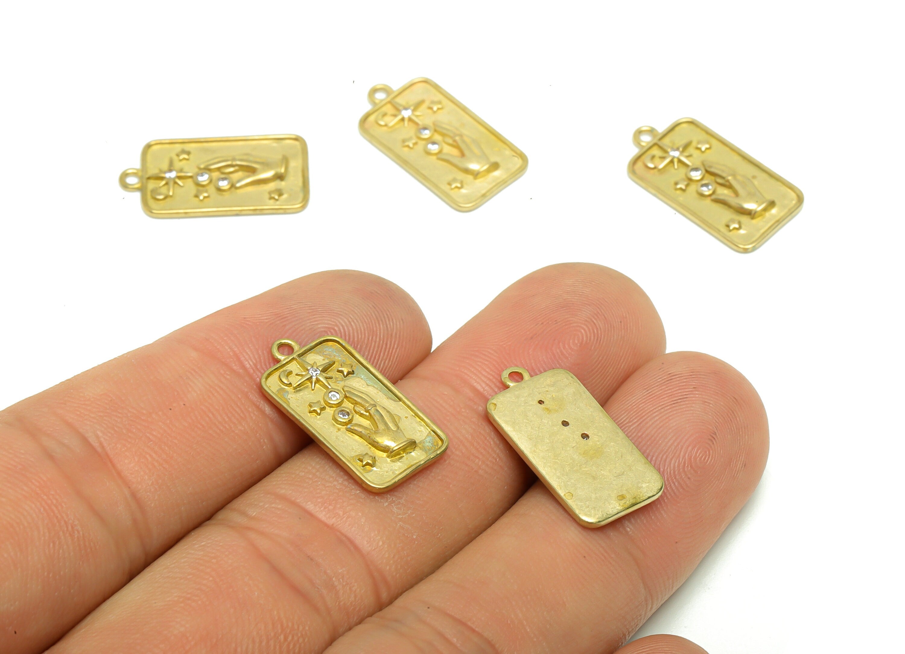 Brass Hand Signs Earring Charm - Raw Brass Rectangle Pendant - Cubic Zircon Star Crescent Earring Charm - Space Charm - 19.7x10x1mm - PP8705 - DOMEDBAZAAR