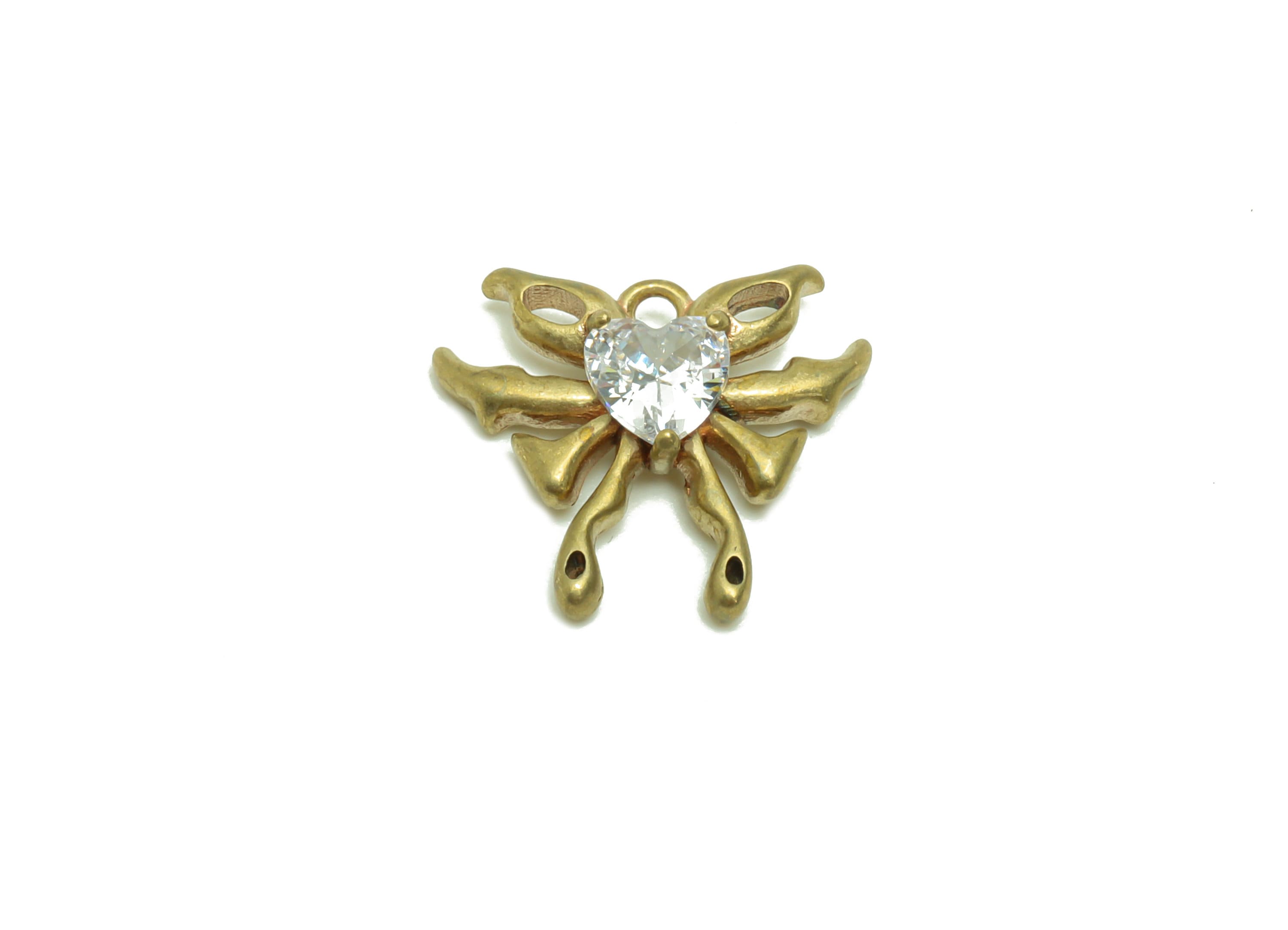 Brass Bow Tie Earring Charm - Cubic Zircon Butterfly Earring Charm - Raw Brass Butterfly Pendant - Heart Zircon Charm - 14x18x3mm - PP8694 - DOMEDBAZAAR