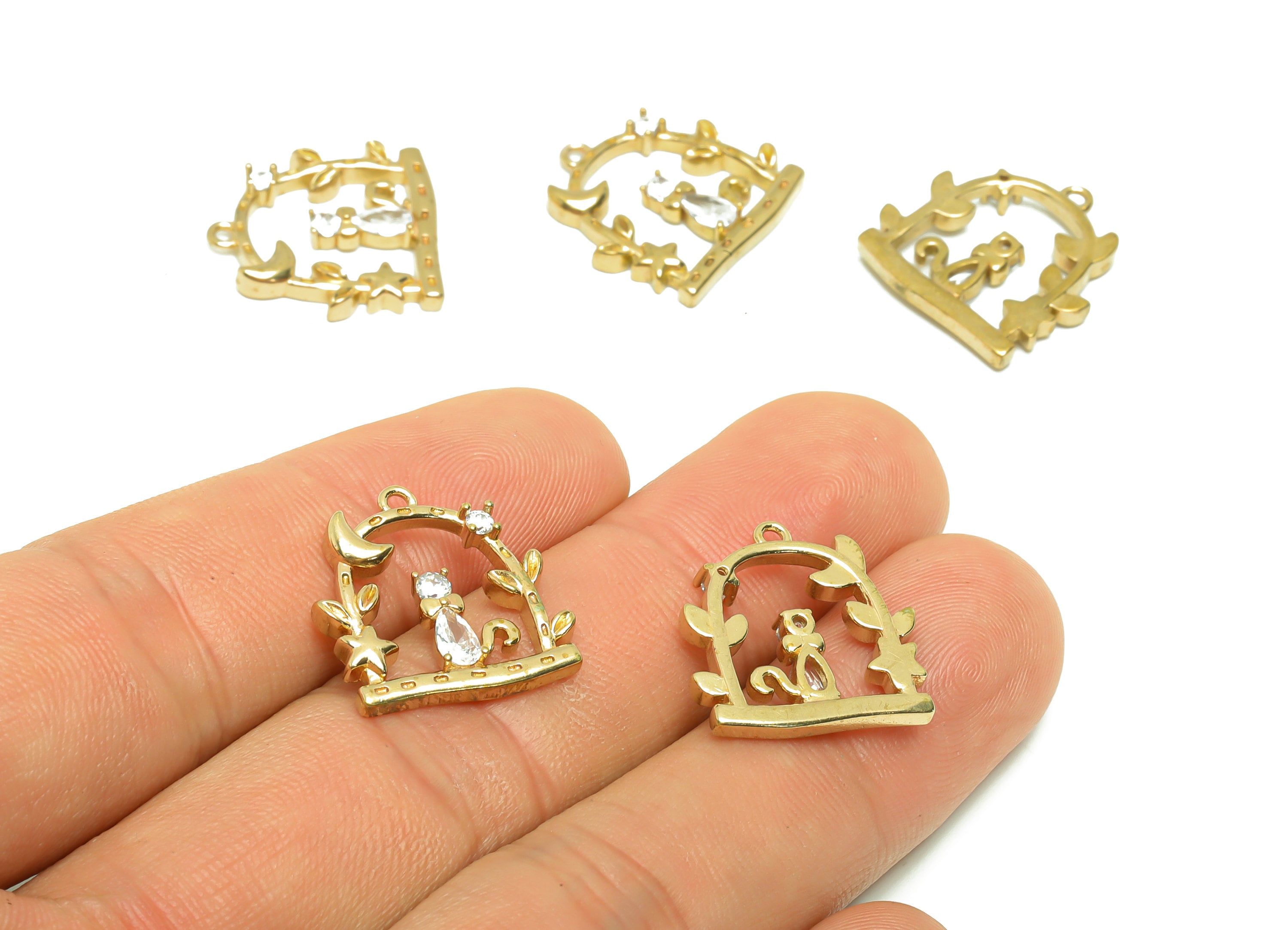 Brass Cat Moon Earring Charm - Zircon Star Garden Earring Charm - Brass Cat Crescent Domed Pendant - Branch Pet Charm - 18x17x2mm - PP8672 - DOMEDBAZAAR