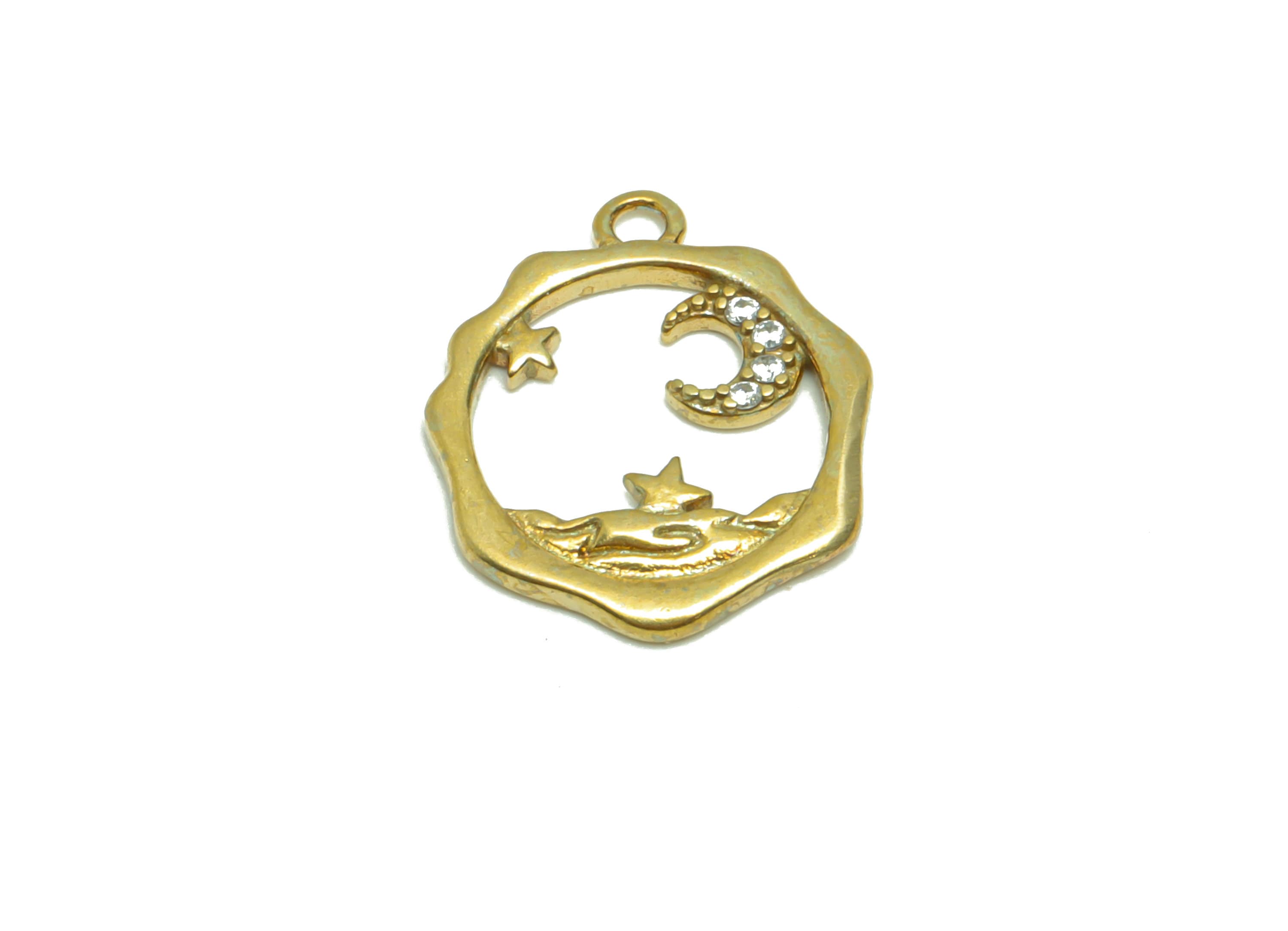 Brass Crescent Earring Charm - Zircon Starry Sky Earring Charm - Raw Brass Moon Pendant - Brass Space Charm - 15.82x14.07x1.57mm - PP8696 - DOMEDBAZAAR