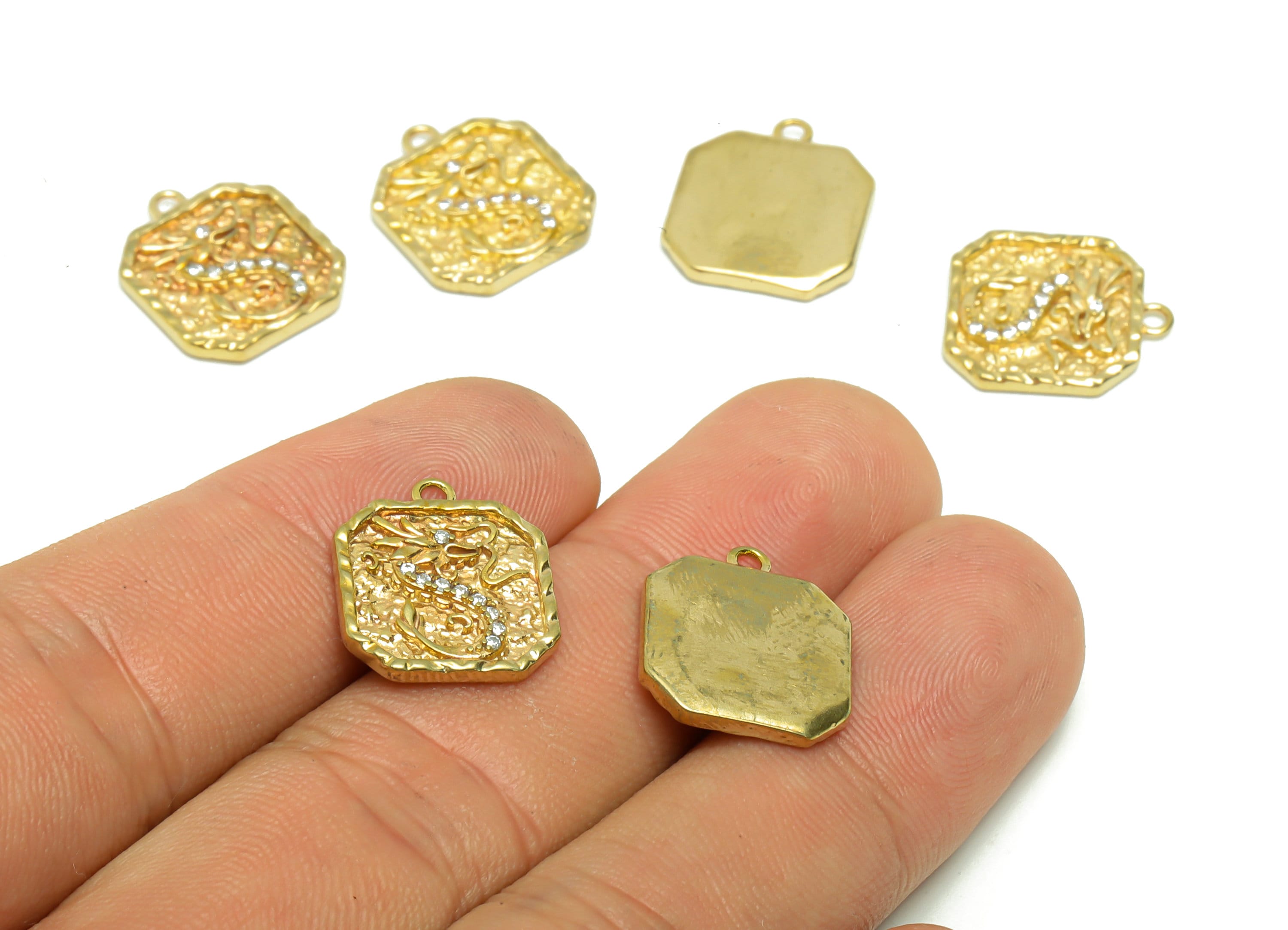 Brass Dragon Earring Charm - Brass Zircon Dragon Earring Charm - Raw Brass Oval Squar Textured Dragon Pendant - 14.64x12.8x2.9mm - PP8700 - DOMEDBAZAAR