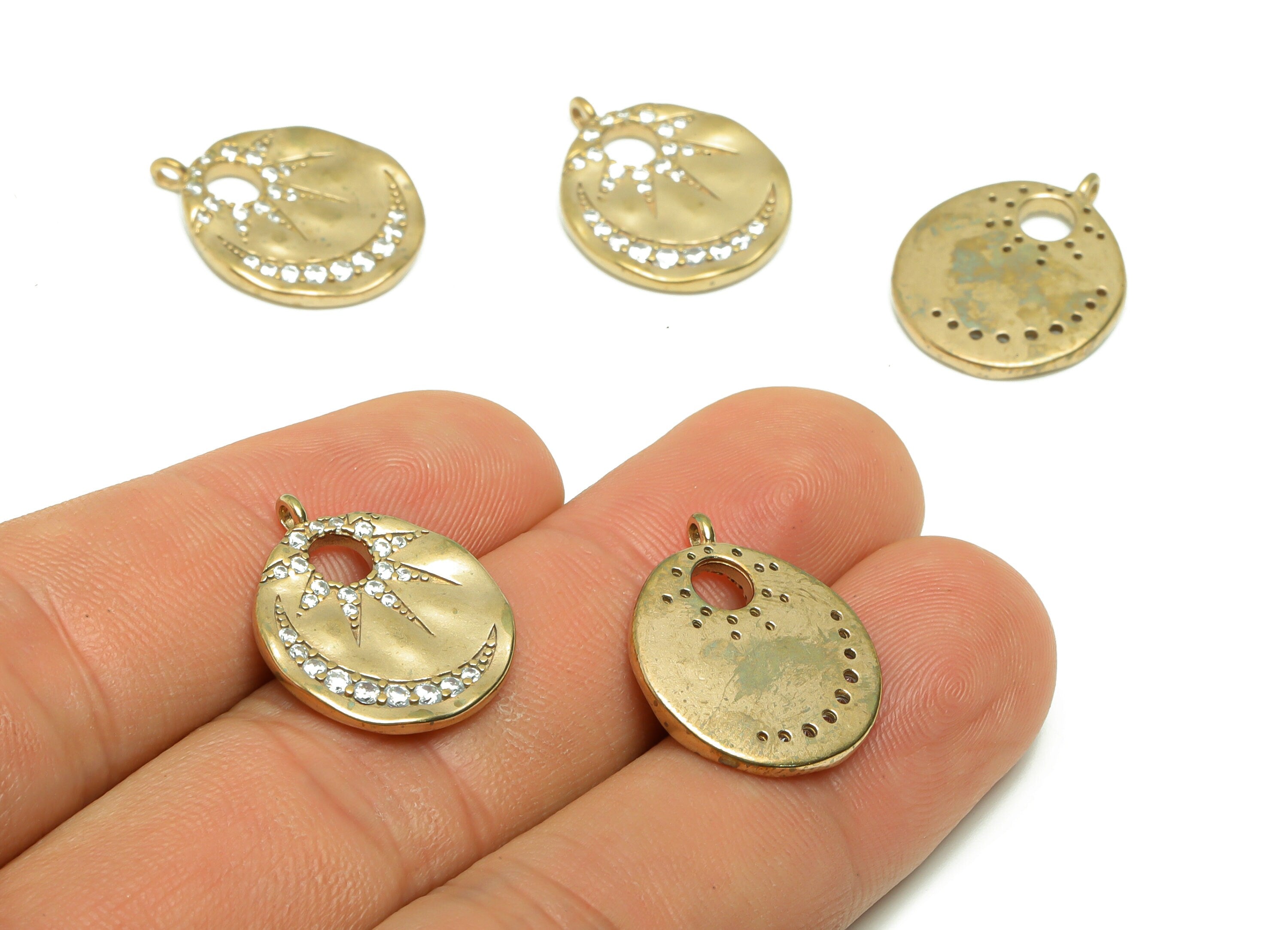 Brass Crescent Earring Charm - Brass Zircon Moon Hollow Earring Charm - Raw Brass Sunshine Pendant - Brass Sun Pendant - 19x16x1mm - PP8666 - DOMEDBAZAAR