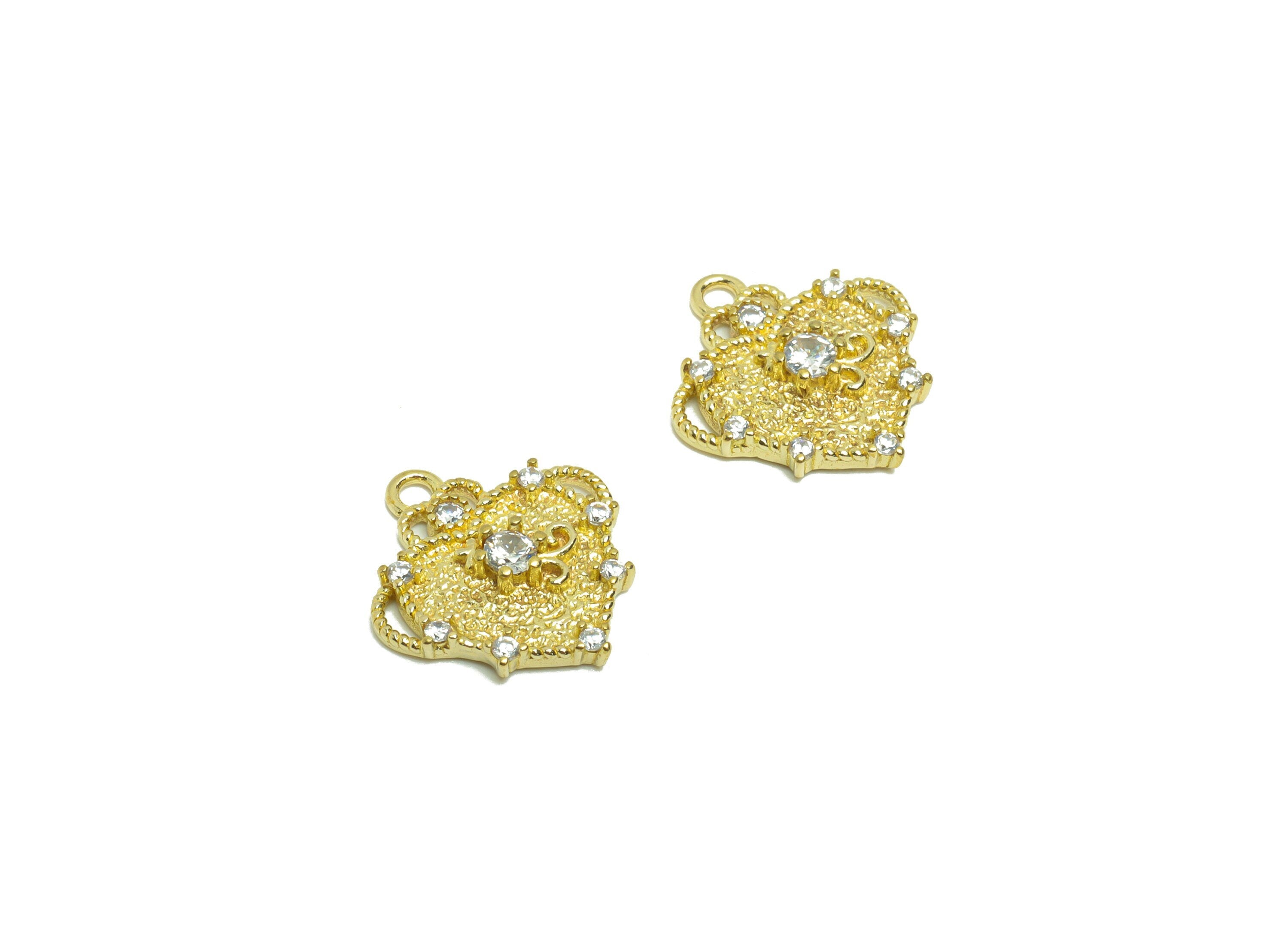 Brass Heart Earring Charm - Brass Zircon Heart Earring Charm - Brass Textured Heart Zircon Pendant - Jewelry Supplies -15x13.6x3mm - PP8639 - DOMEDBAZAAR