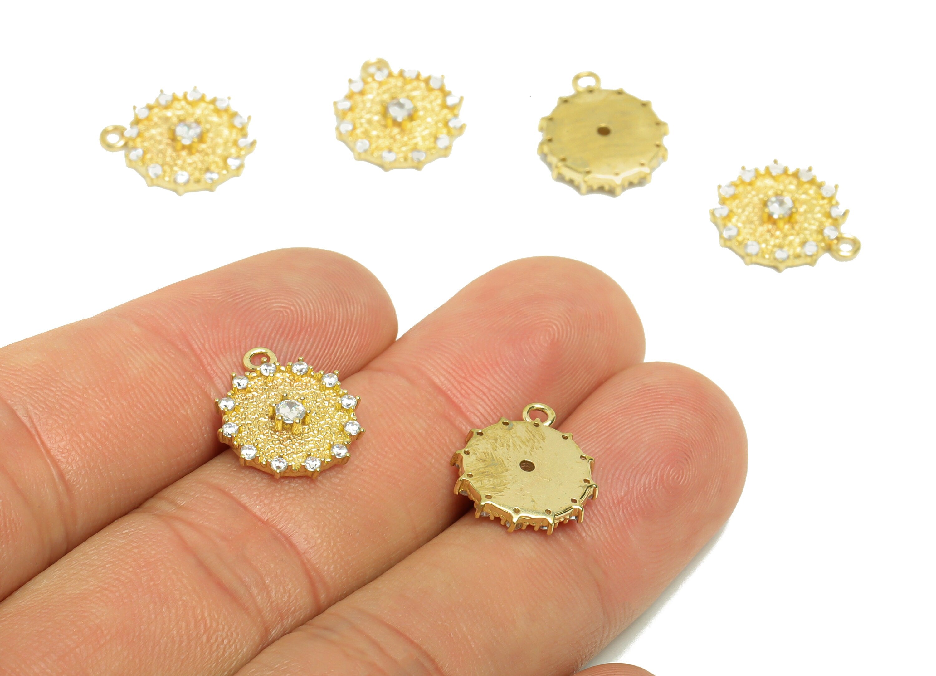 Brass Round Earring Charm - Brass Zircon Circle Earring Charm - Brass Textured Flower Zircon Pendant - Jewelry Supplies -12x2x1mm - PP8640 - DOMEDBAZAAR