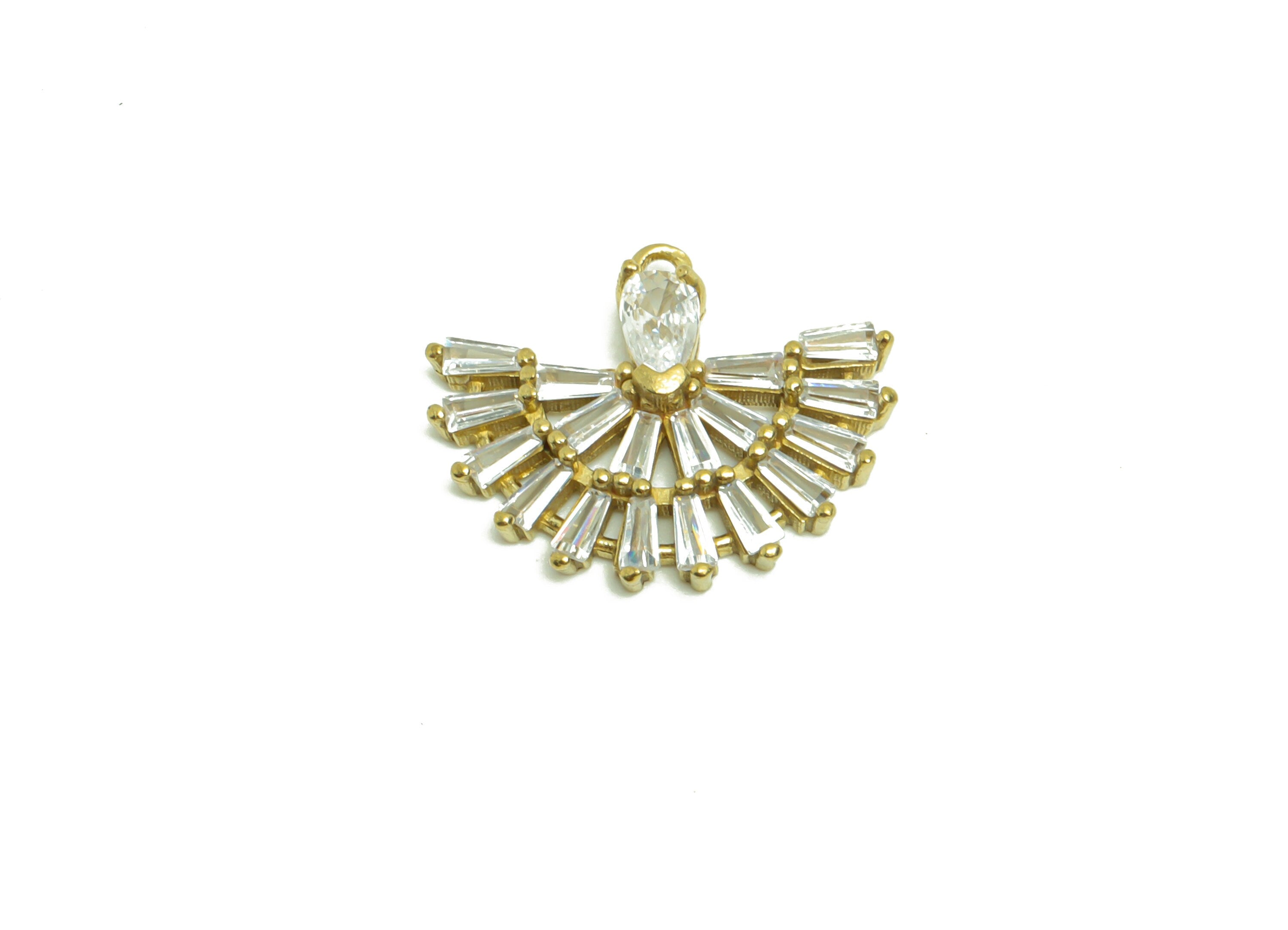 Brass Fan Earring Charm - Raw Brass Teardrop Zircon Pendant - Brass Peacock Trapezoid Zircon Charm - Jewelry Supplies - 17.73x15x3mm- PP8955 - DOMEDBAZAAR