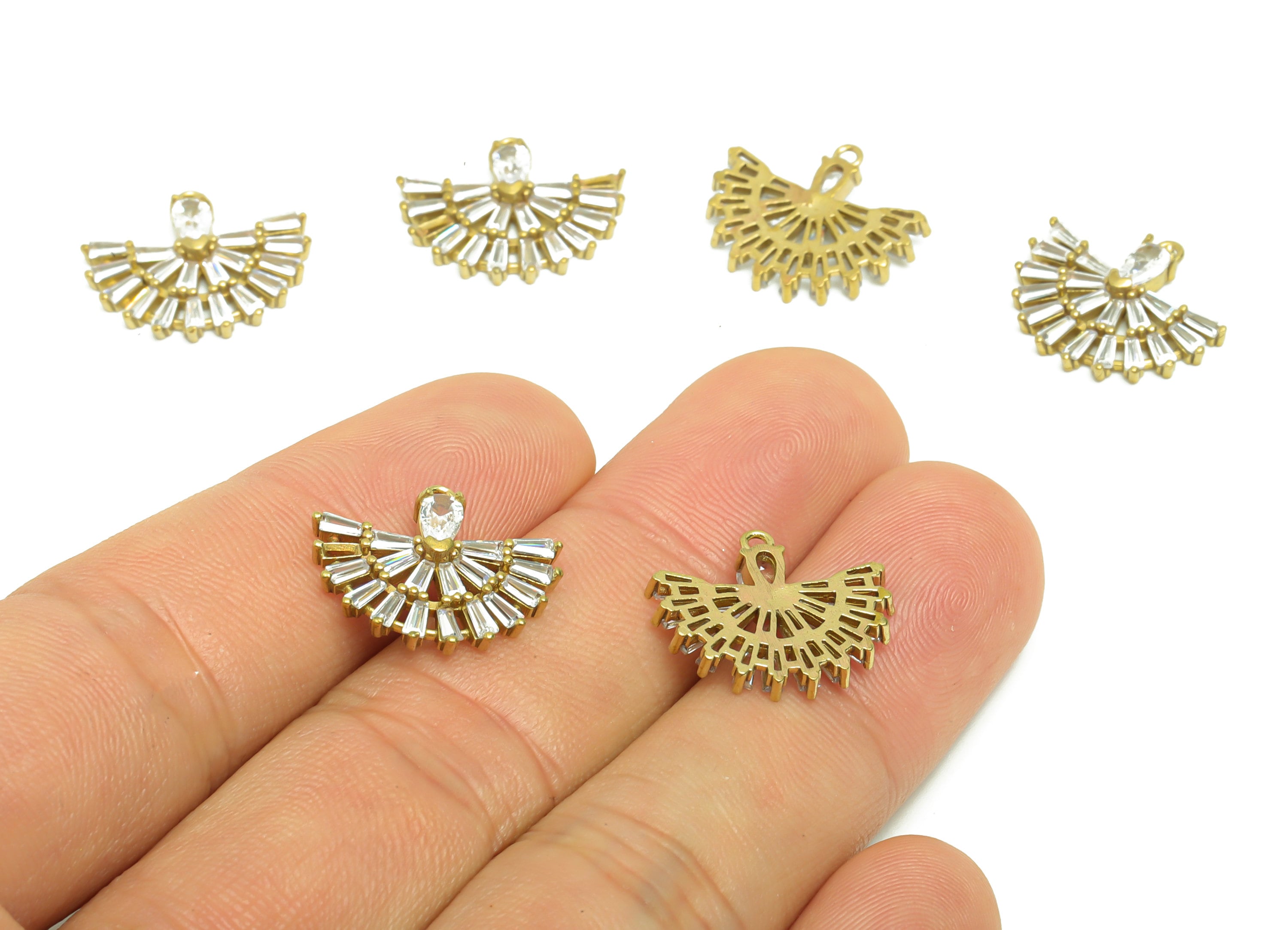 Brass Fan Earring Charm - Raw Brass Teardrop Zircon Pendant - Brass Peacock Trapezoid Zircon Charm - Jewelry Supplies - 17.73x15x3mm- PP8955 - DOMEDBAZAAR