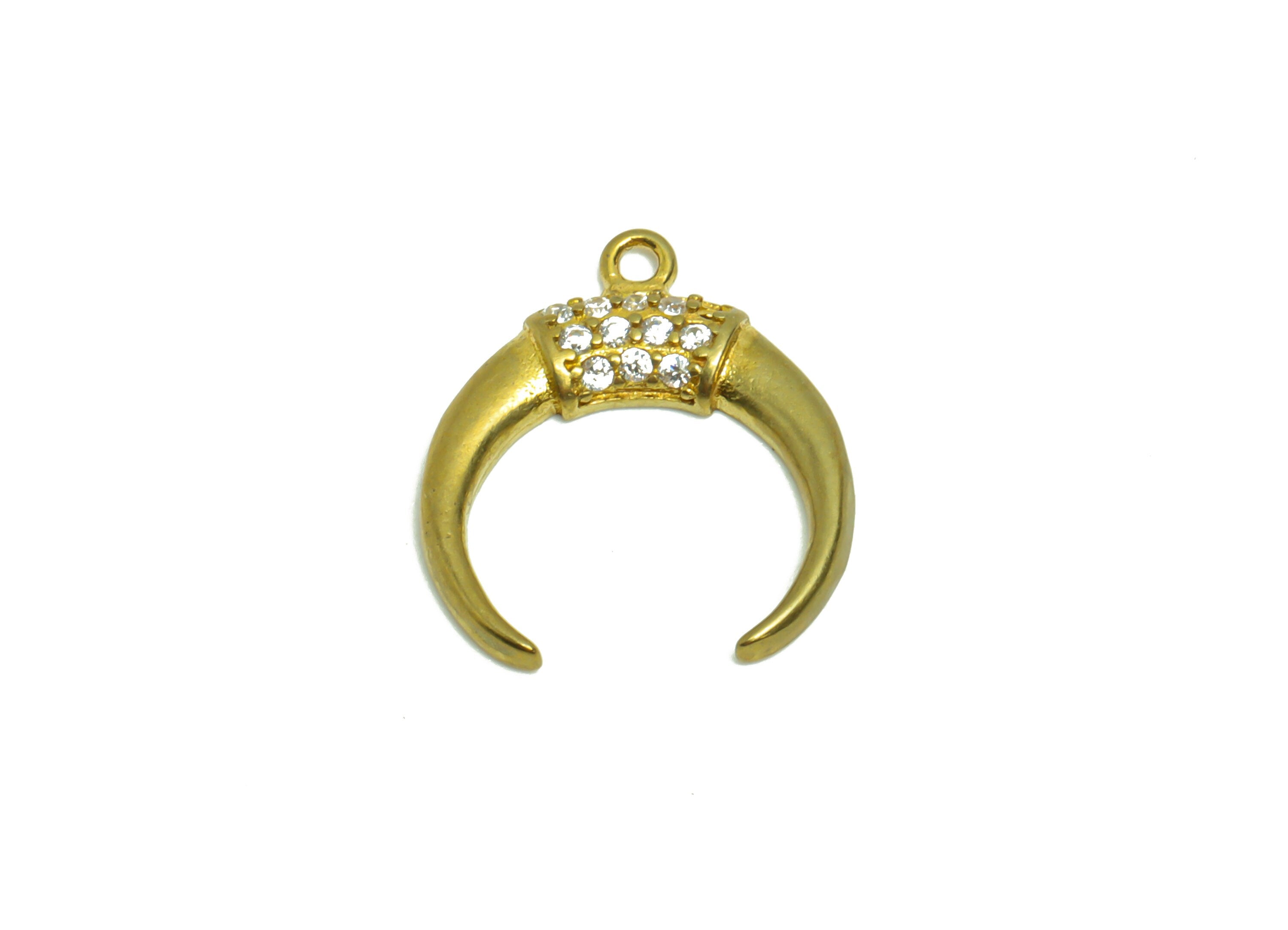 Brass Crescent Earring Charm - Raw Brass Moon Zircon Pendant - Brass Crescent Zircon Charm - Jewelry Supplies - 15.52x17.63x2.24mm- PP8954 - DOMEDBAZAAR