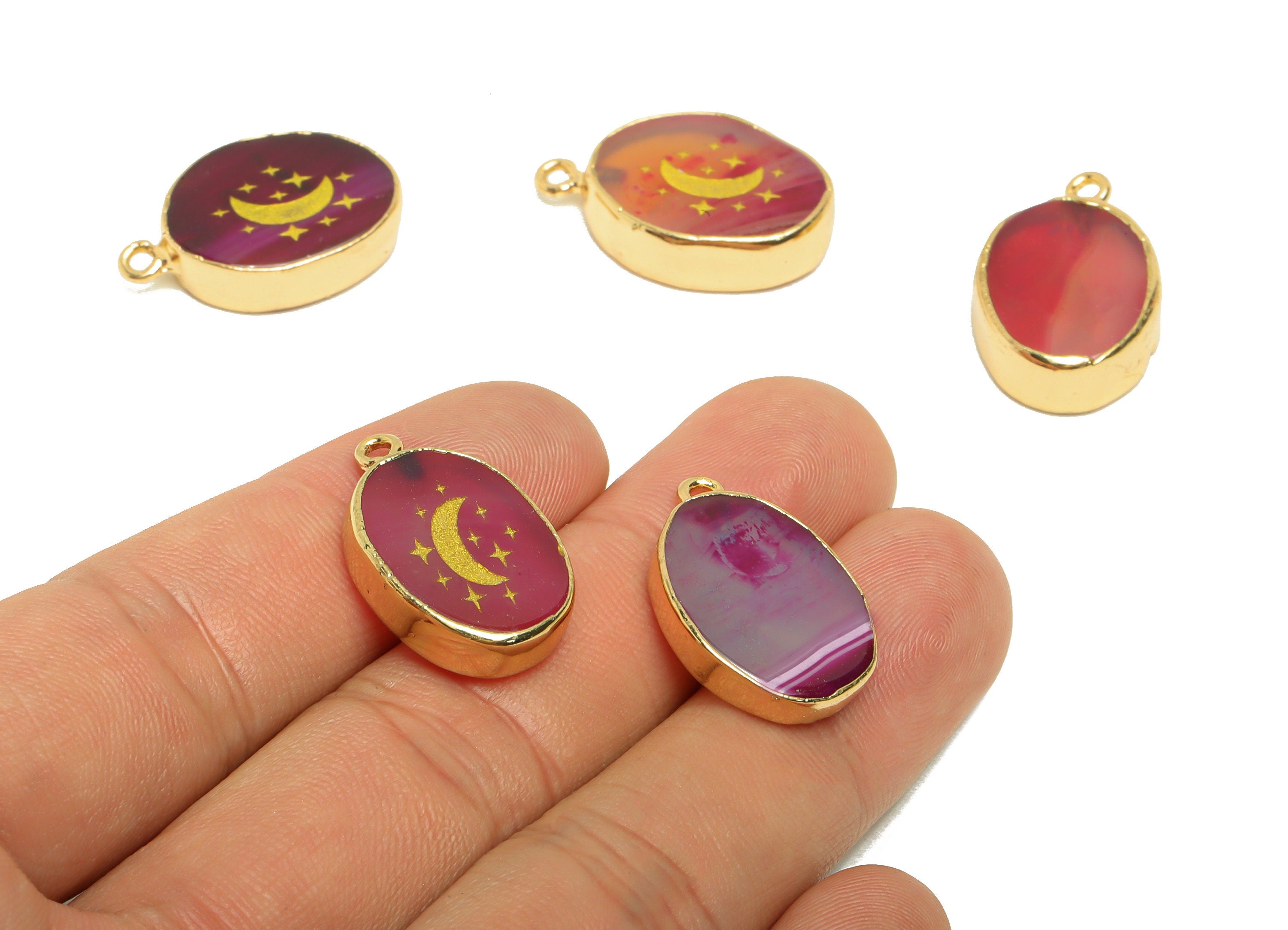 Red Agate stone Charm - Star Red Agate stone Brass - Crescent Natural Stone Charms - Gold Tone Plated - Jewelry Supplies - 23x14x4mm- NS1914 - DOMEDBAZAAR