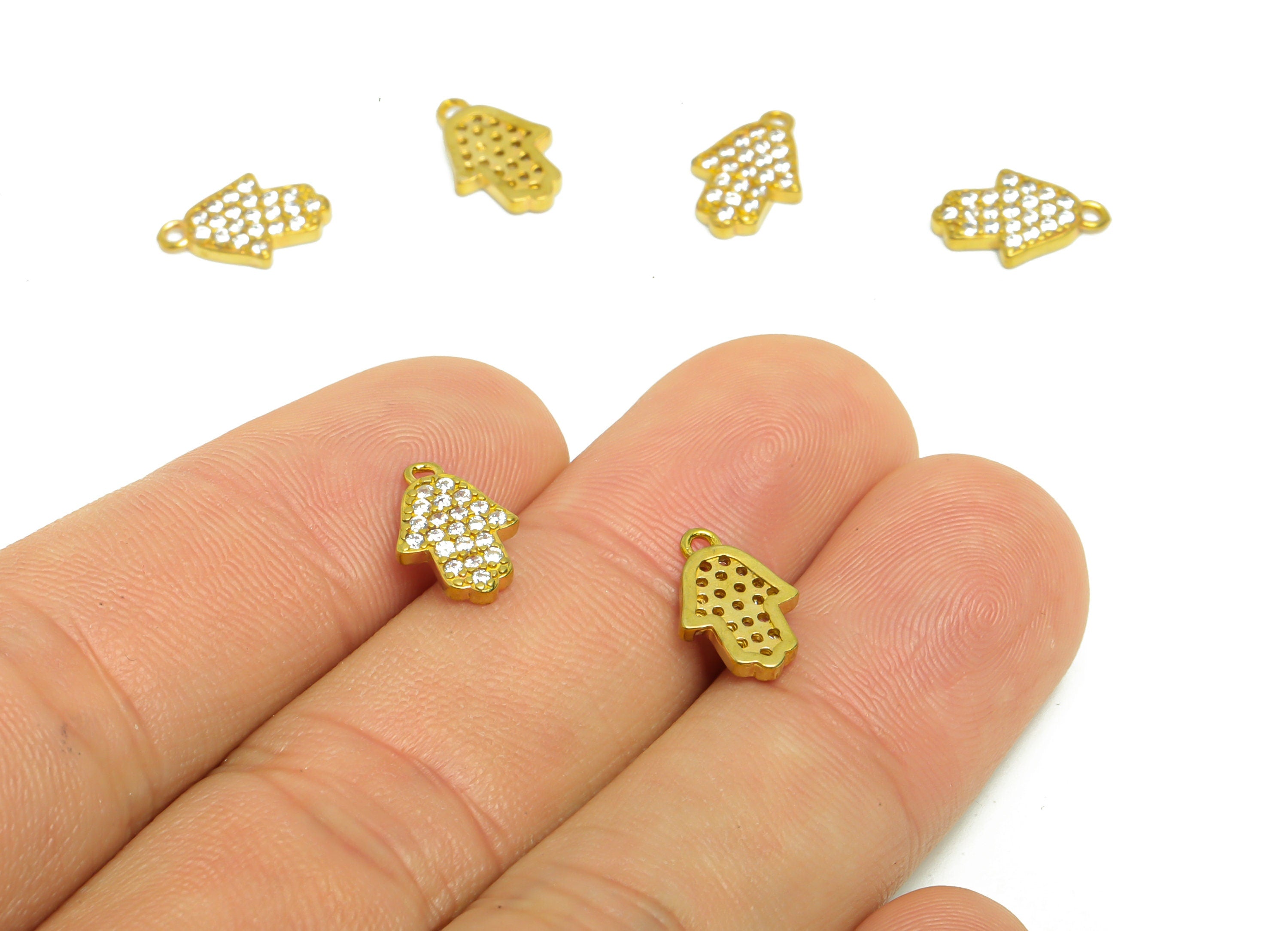 Brass Hamsa Earring Charm - Raw Brass Hand Pendant - Brass Hamsa Cubic Zircon Charm - Jewelry Supplies - 11.86x7.9x1.66mm- PP8951 - DOMEDBAZAAR