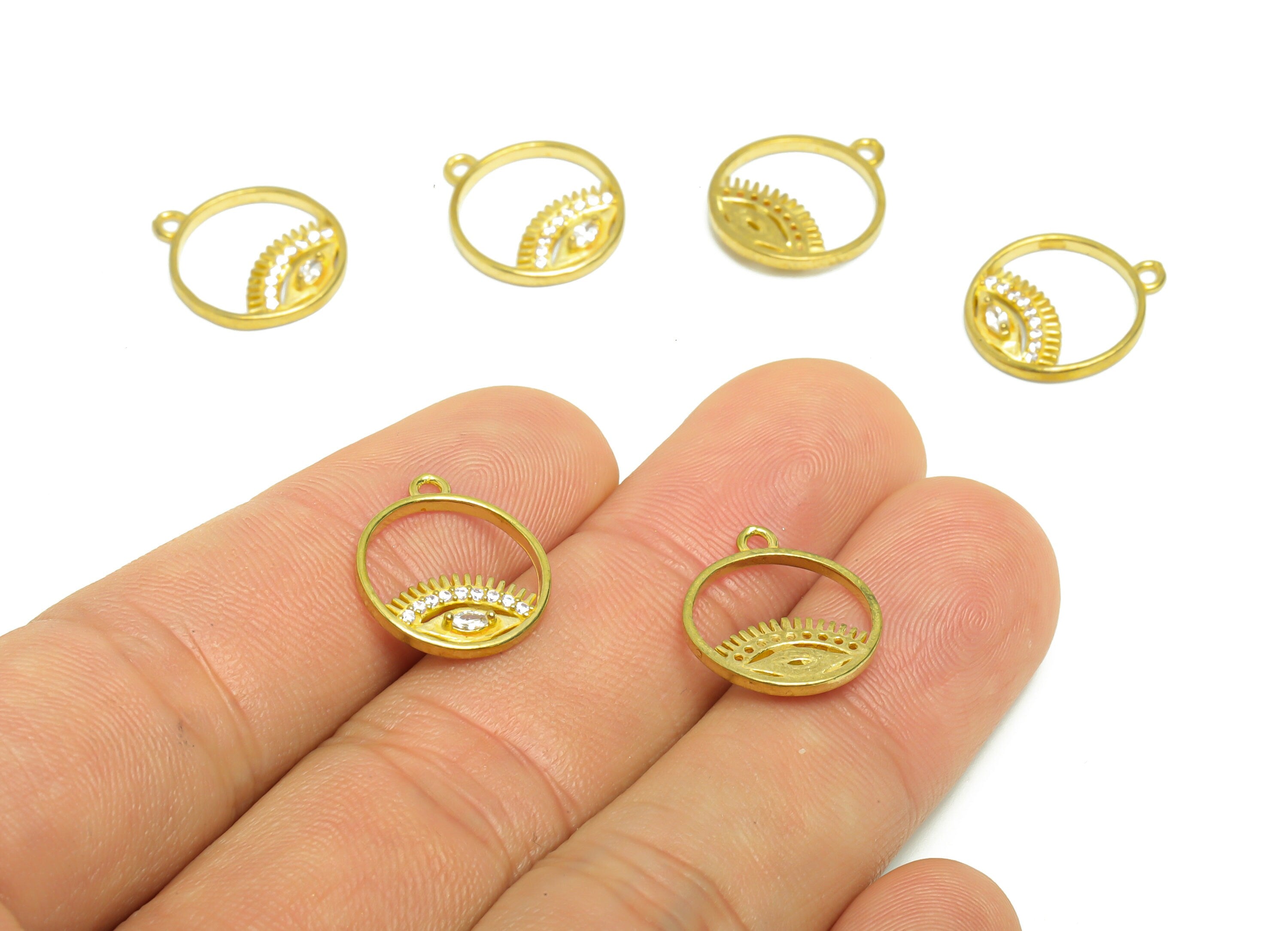Brass Round Earring Charm - Raw Brass Eyelash Pendant - Brass Circle Eye Cubic Zircon Charm - Jewelry Supplies - 16.13x13.94x2.55mm- PP8958 - DOMEDBAZAAR