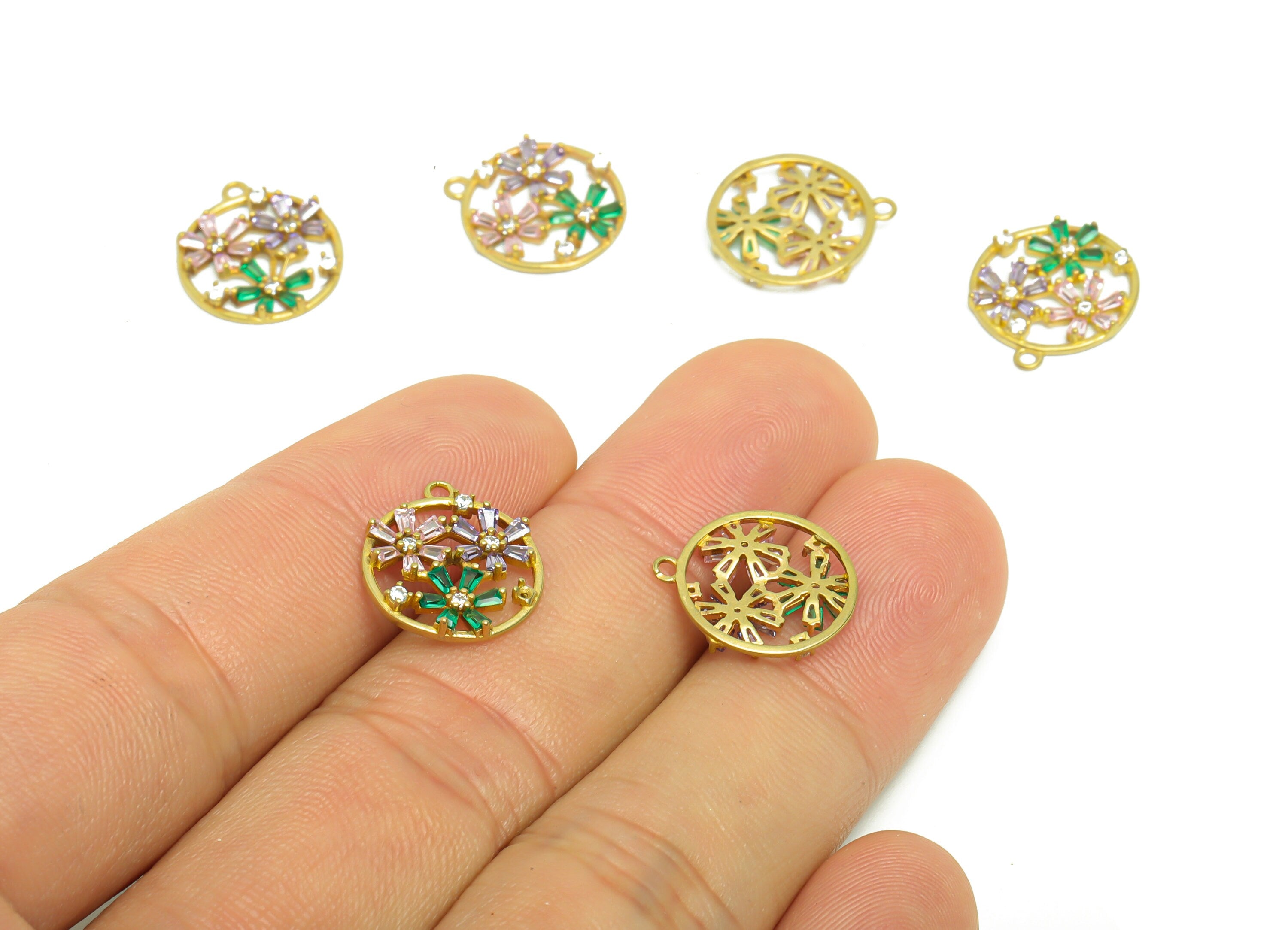 Brass Flower Earring Charm - Raw Brass Green Flower Zircon Pendant - Brass Round Botanical Zircon Charm - Jewelry Supplies -15x13x2mm-PP8960 - DOMEDBAZAAR
