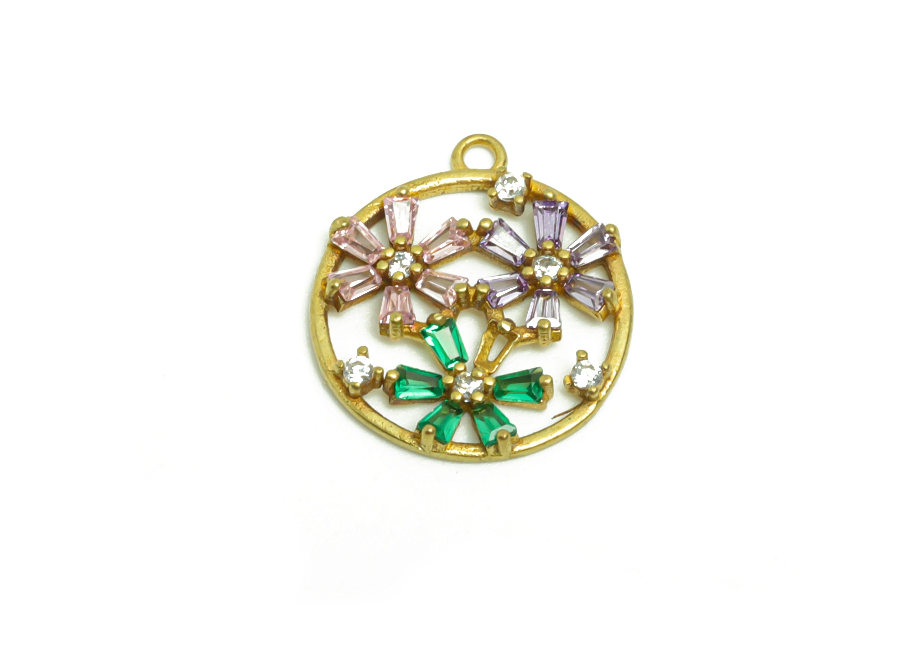 Brass Flower Earring Charm - Raw Brass Green Flower Zircon Pendant - Brass Round Botanical Zircon Charm - Jewelry Supplies -15x13x2mm-PP8960 - DOMEDBAZAAR