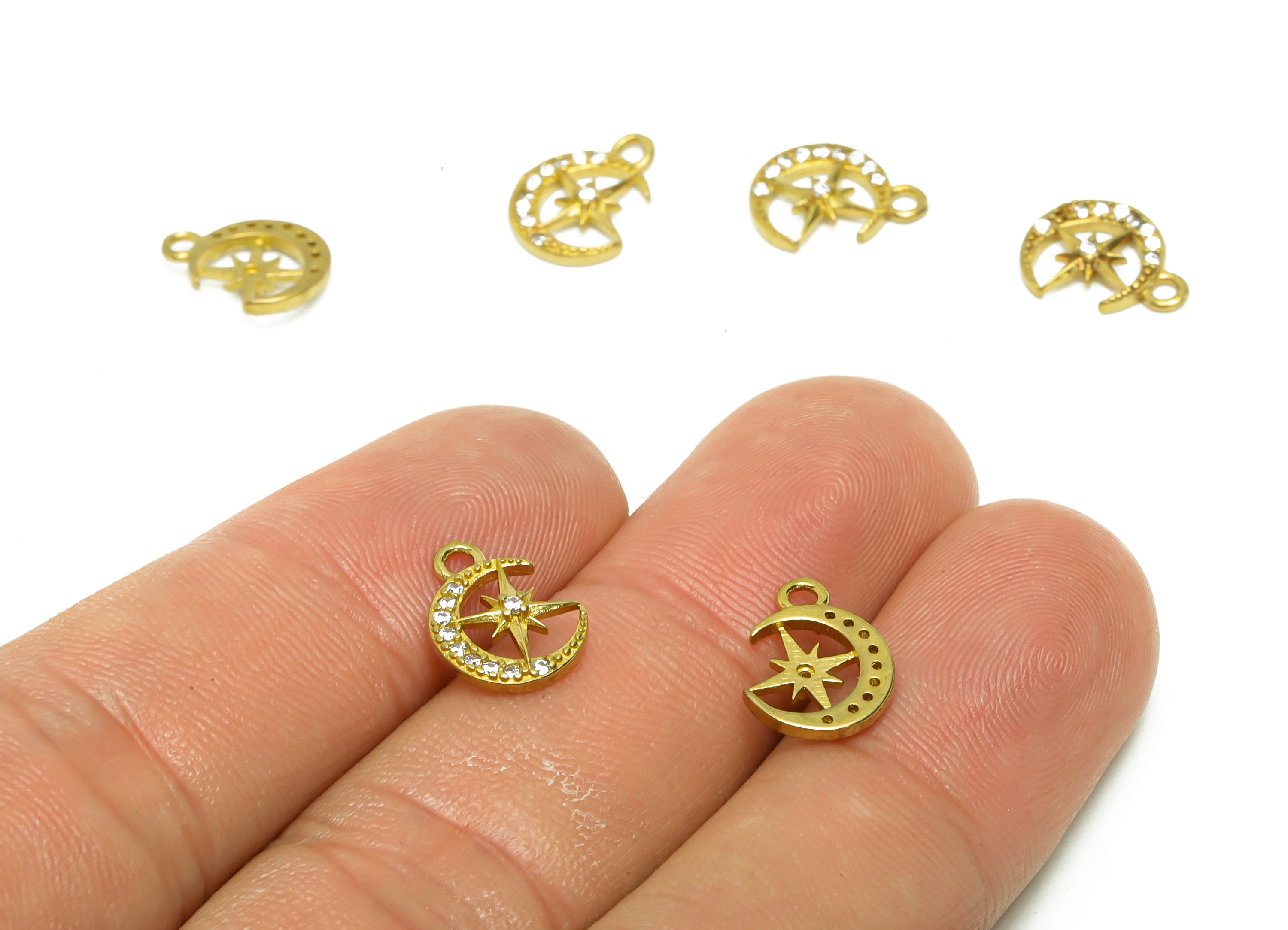 Brass Crescent Earring Charm - Raw Brass Star Pendant - Cubic Zircon North Star Earring Charm - Cubic Moon Charm - 12.08x9.02x2mm - PP8819 - DOMEDBAZAAR