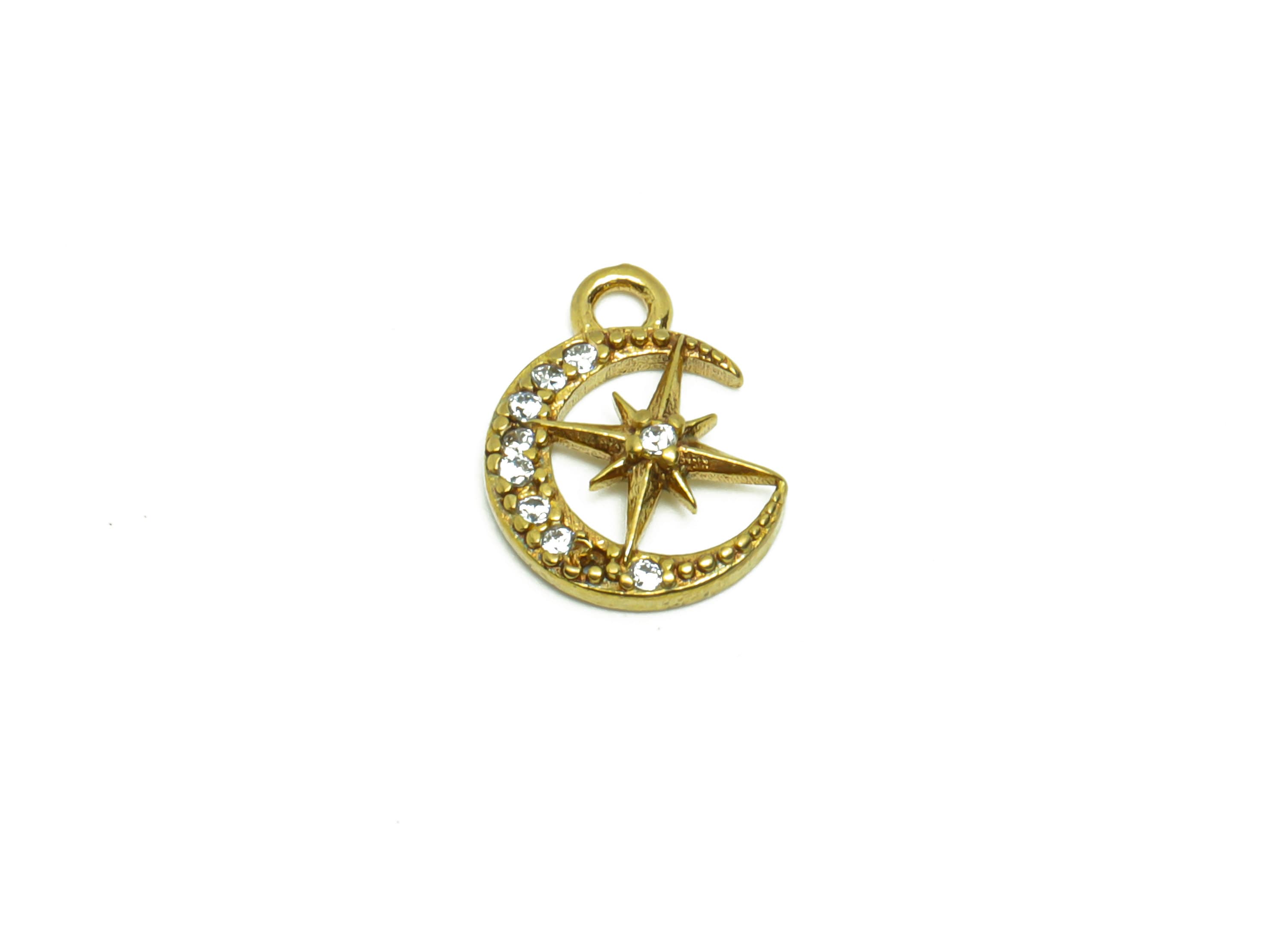 Brass Crescent Earring Charm - Raw Brass Star Pendant - Cubic Zircon North Star Earring Charm - Cubic Moon Charm - 12.08x9.02x2mm - PP8819 - DOMEDBAZAAR