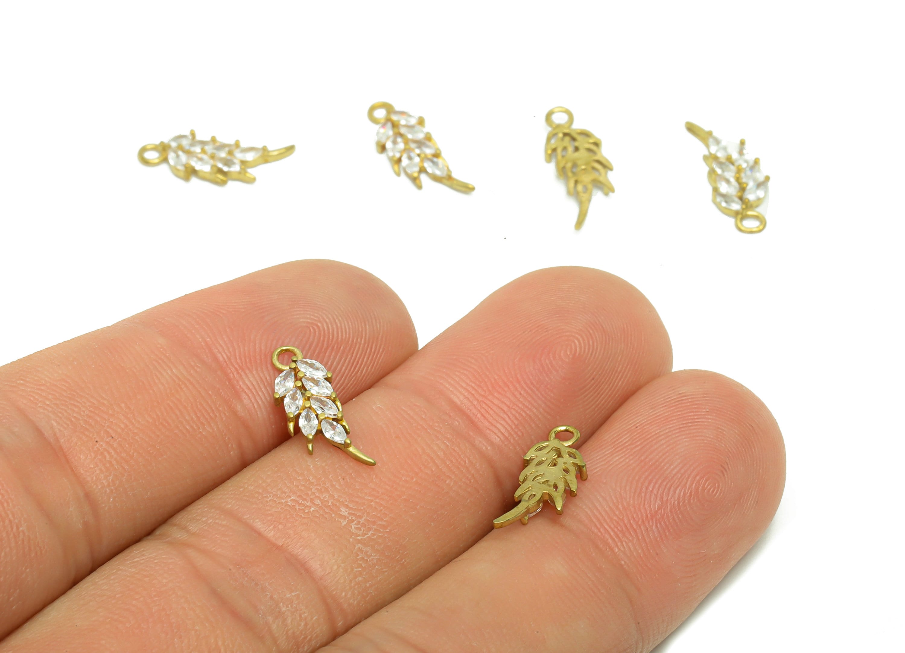 Brass Leaf Earring Charm - Raw Brass Ears of Wheat Pendant - Cubic Zircon Branch Earring Charm - Cubic Botanical Charm - 14.86x5x1mm- PP8833 - DOMEDBAZAAR