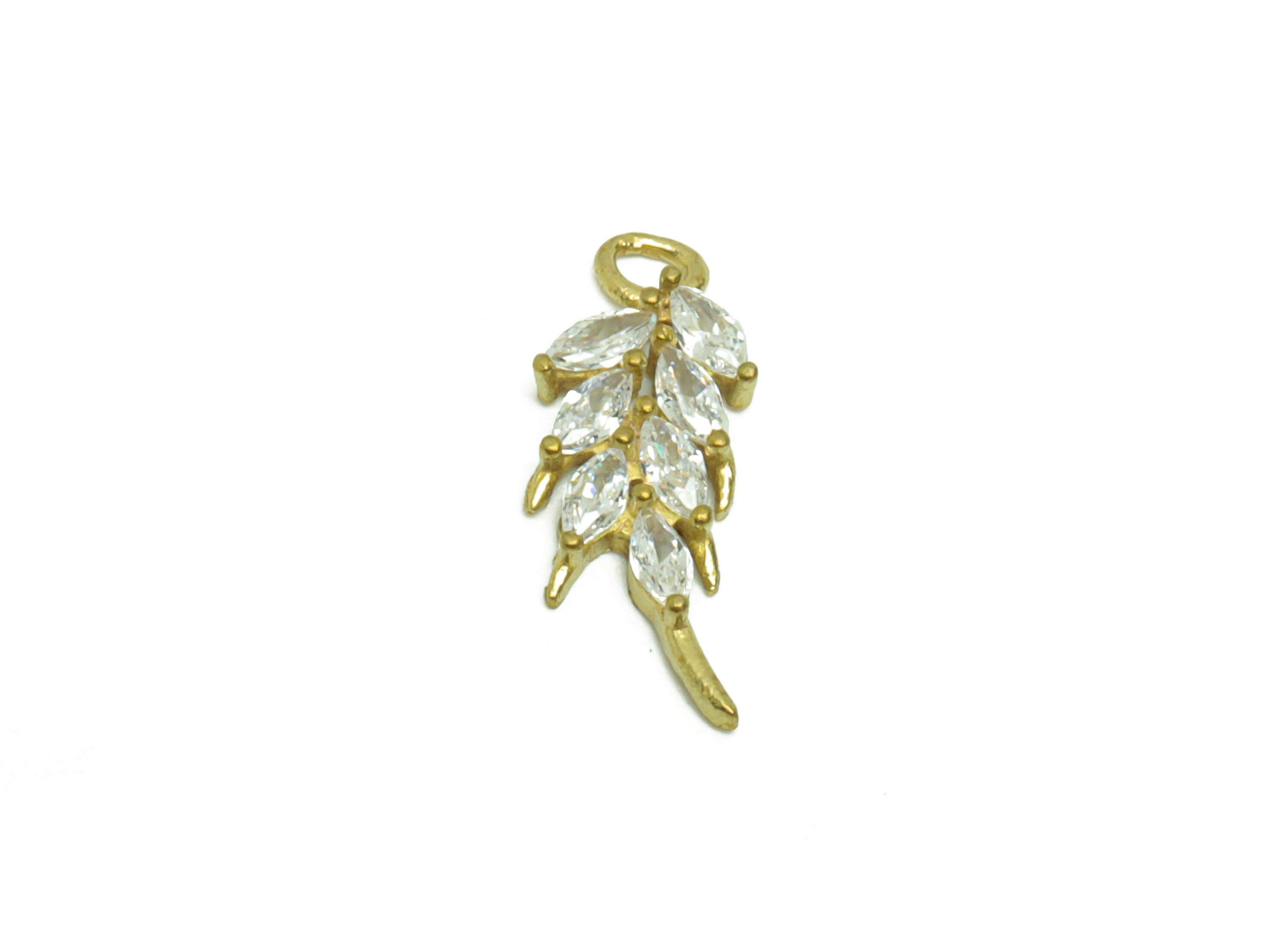 Brass Leaf Earring Charm - Raw Brass Ears of Wheat Pendant - Cubic Zircon Branch Earring Charm - Cubic Botanical Charm - 14.86x5x1mm- PP8833 - DOMEDBAZAAR