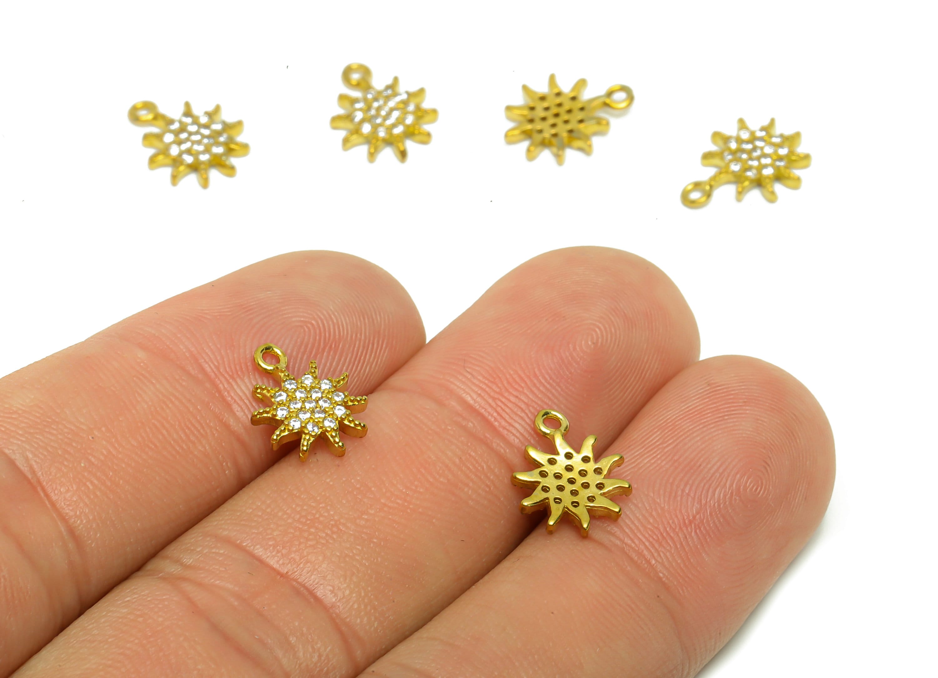 Brass Flower Earring Charm - Raw Brass Sunshine Pendant - Cubic Zircon Sun Earring Charm - Mini Bracelet Charm - 11.51x8.75x1.77mm- PP8797 - DOMEDBAZAAR