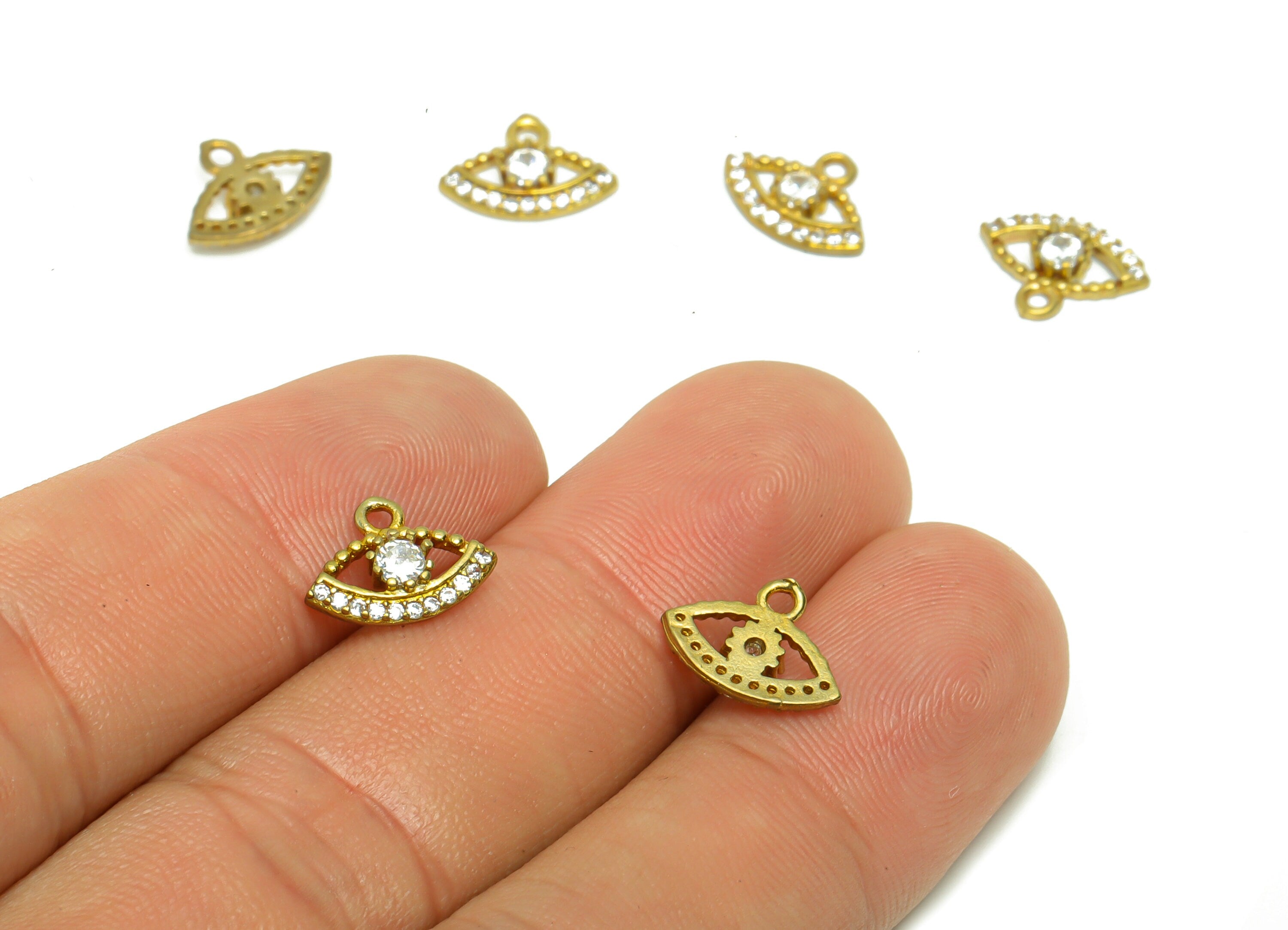 Brass Eye Earring Charm - Raw Brass Mini Eye Pendant - Cubic Zircon Eye Earring Charm - Mini Eye Bracelet Charm - 8.35x11.39x2.22mm - PP8799 - DOMEDBAZAAR
