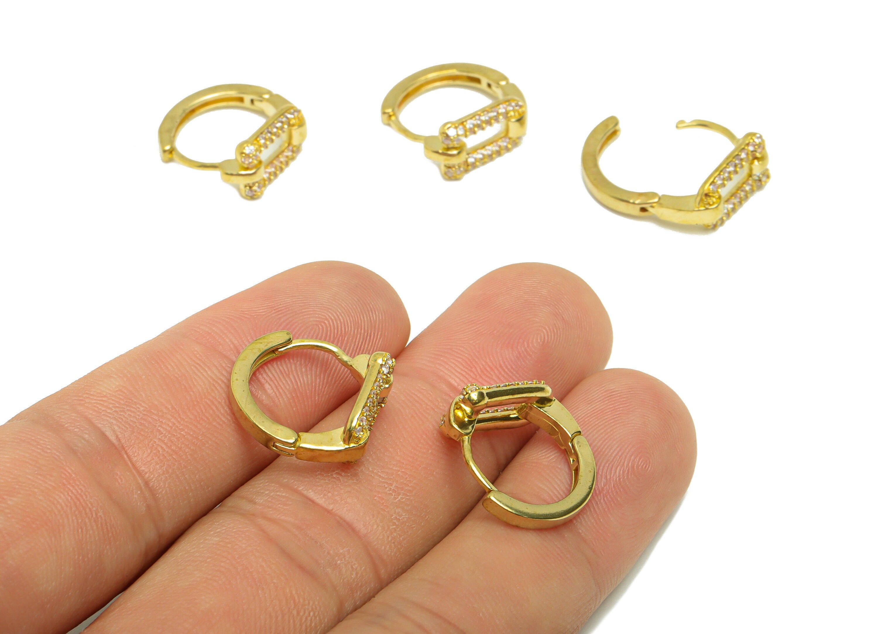 Rectangle Huggie Hoop Earring - Dainty Zircon Huggies with Open Ring - Raw Brass Clasp Hoop Earring - 15.9x15.19x7mm - PP8815 - DOMEDBAZAAR