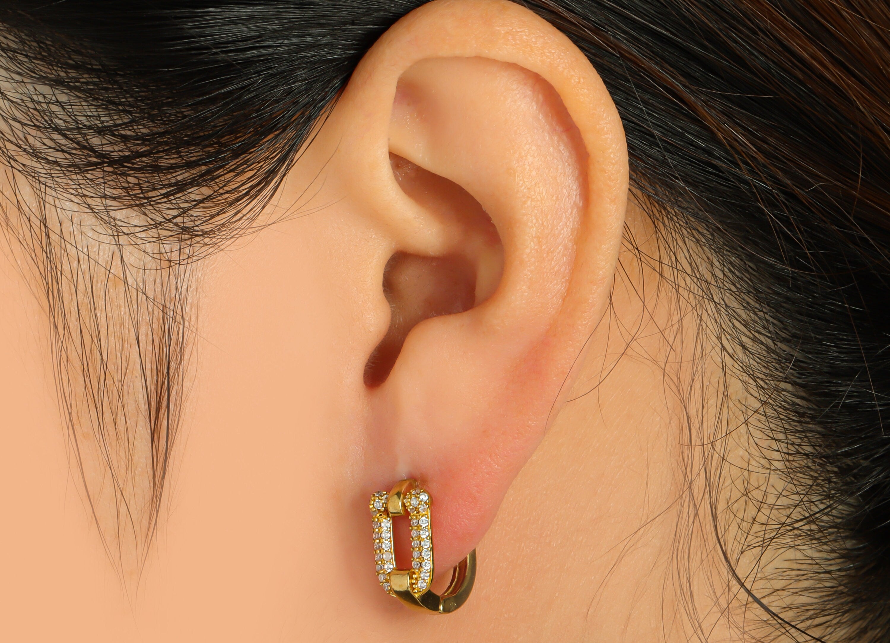 Rectangle Huggie Hoop Earring - Dainty Zircon Huggies with Open Ring - Raw Brass Clasp Hoop Earring - 15.9x15.19x7mm - PP8815 - DOMEDBAZAAR