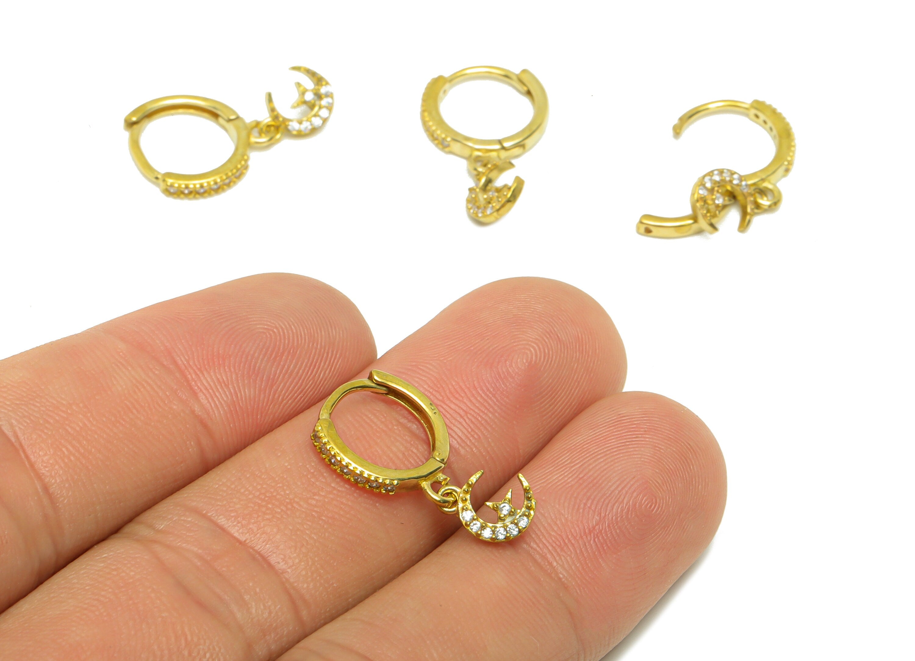 Crescent Huggie Hoop Earring - Crescent Zircon Huggies with Open Ring - Raw Brass Star Clasp Hoop Earring - 19x12x2mm - PP8795 - DOMEDBAZAAR