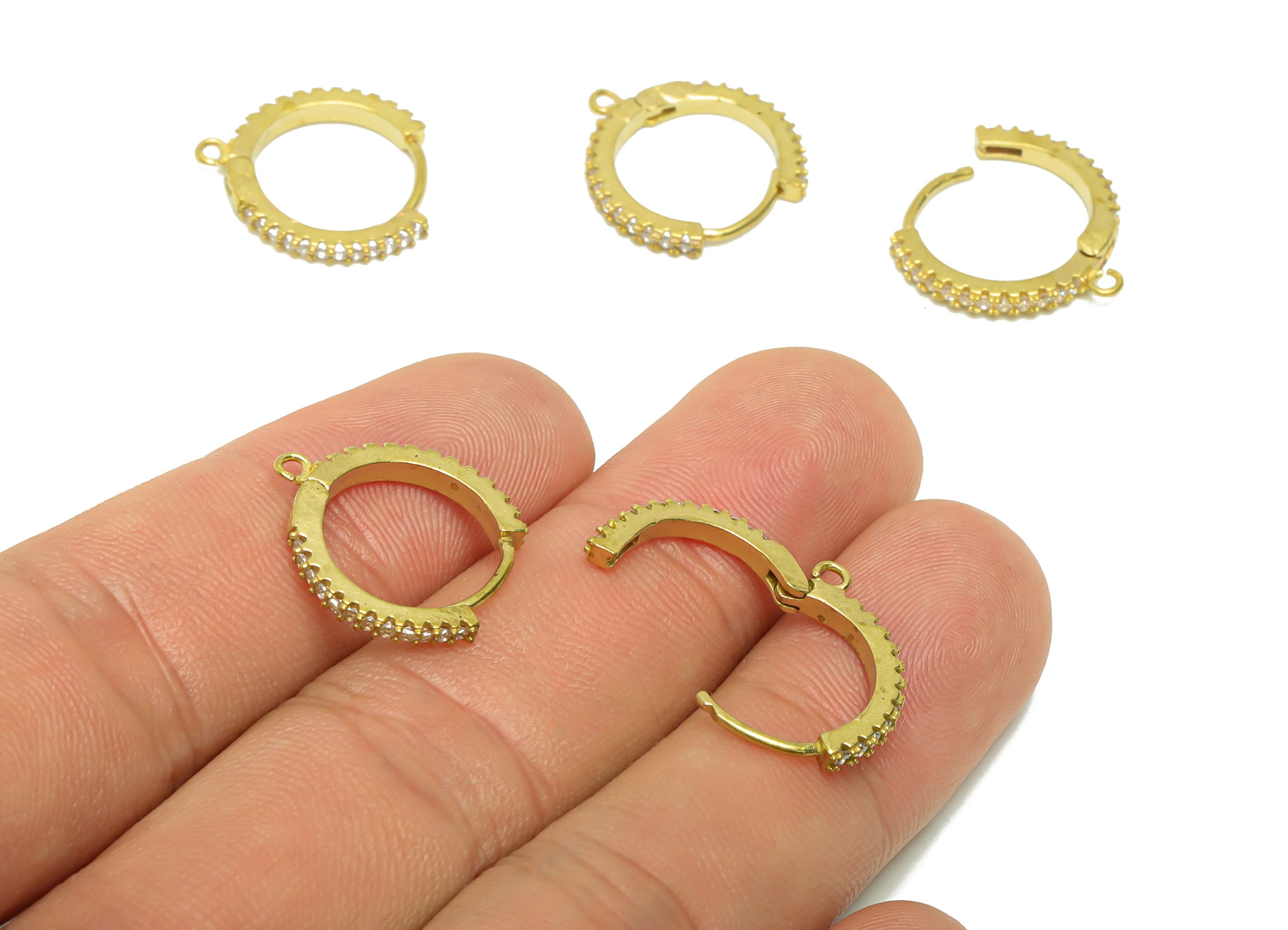 Huggie Hoop Earring With Loop - Zircon Huggies with Open Ring - Raw Brass Clasp Hoop Earring - Zirconia Hoop Clasp - 17.3x17x2mm - PP8831 - DOMEDBAZAAR
