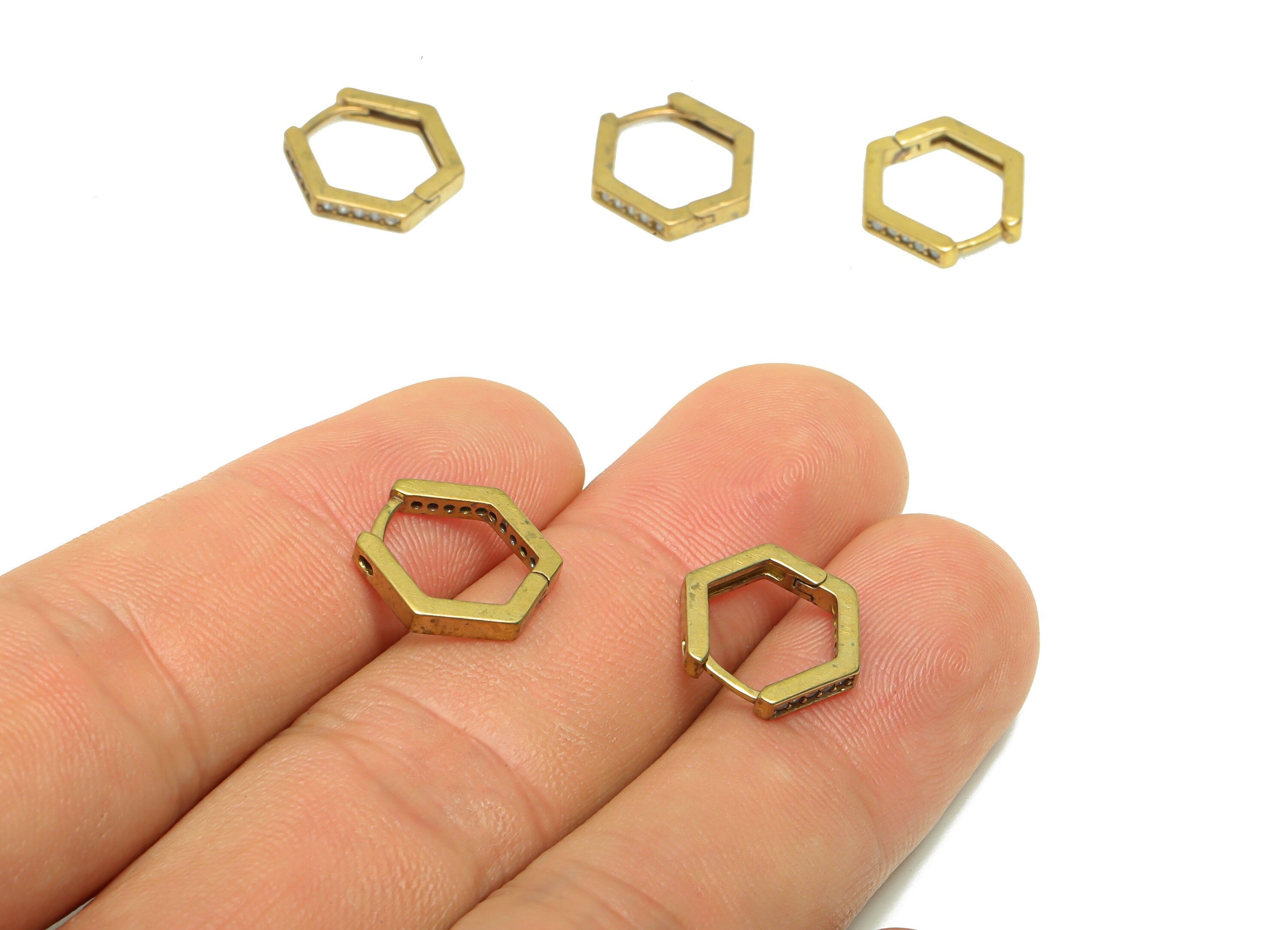 Hexagon Huggie Hoop Earring - Zircon Huggies with Open Ring - Brass Clasp Hoop Earring - Raw Brass Zirconia Hoop Clasp - 13x12x2mm- PP8663 - DOMEDBAZAAR