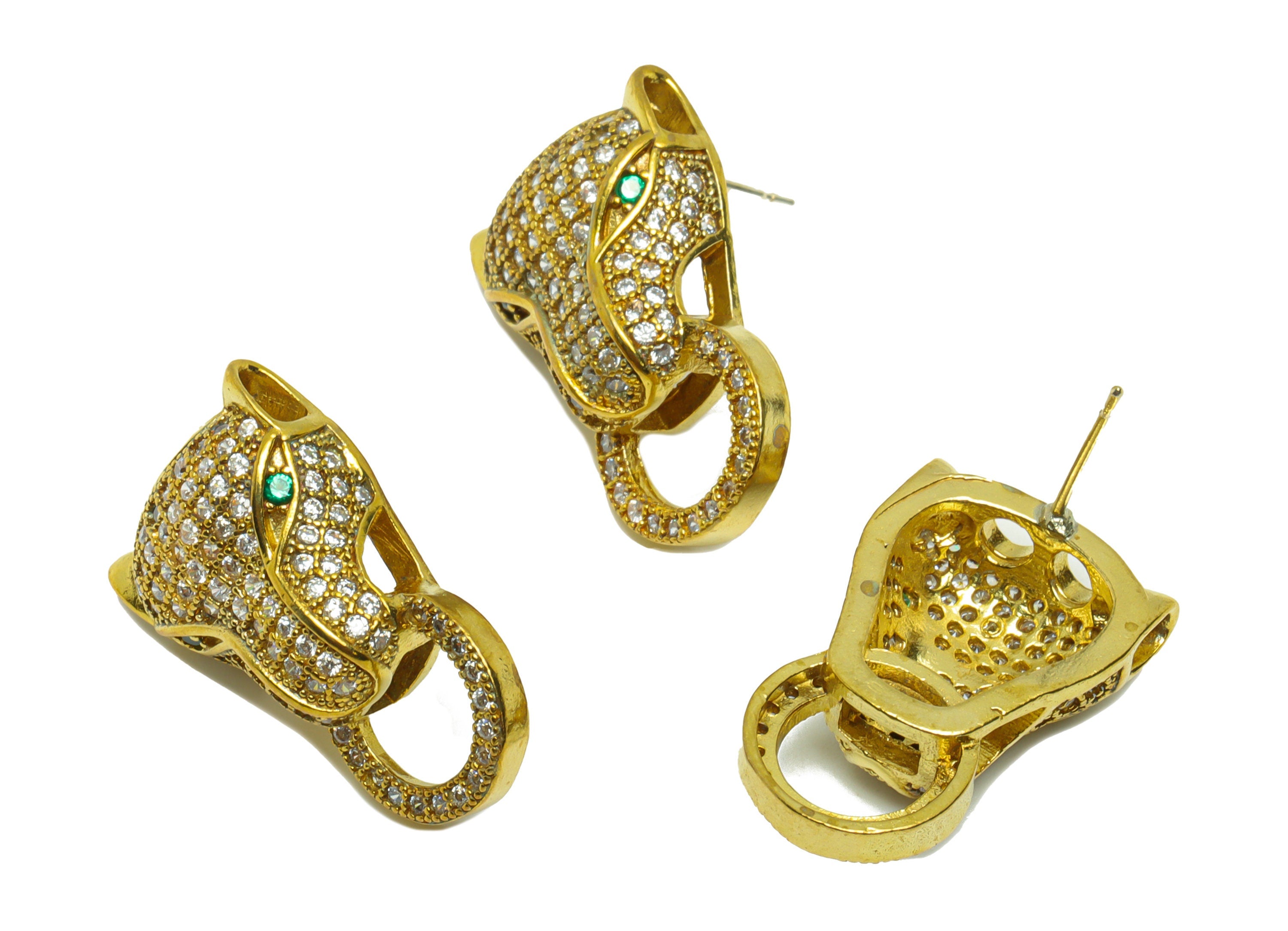 Brass Leopard Earring Stud - Raw Brass Tiger Post - Cubic Zircon Jaguar Earring Post - Zircon Circle Earring Post - 23x14x0.7mm - PP8813 - DOMEDBAZAAR