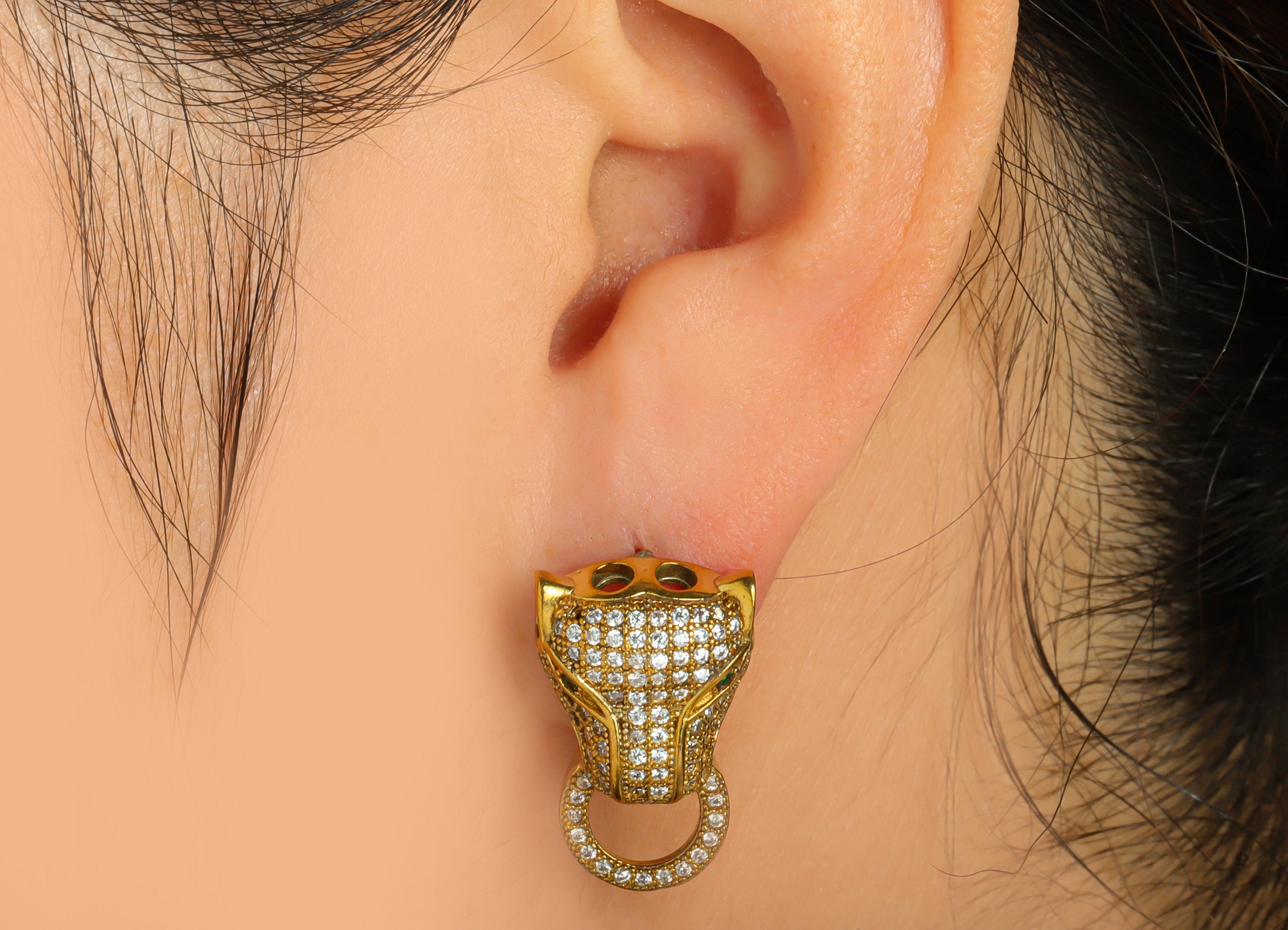 Brass Leopard Earring Stud - Raw Brass Tiger Post - Cubic Zircon Jaguar Earring Post - Zircon Circle Earring Post - 23x14x0.7mm - PP8813 - DOMEDBAZAAR