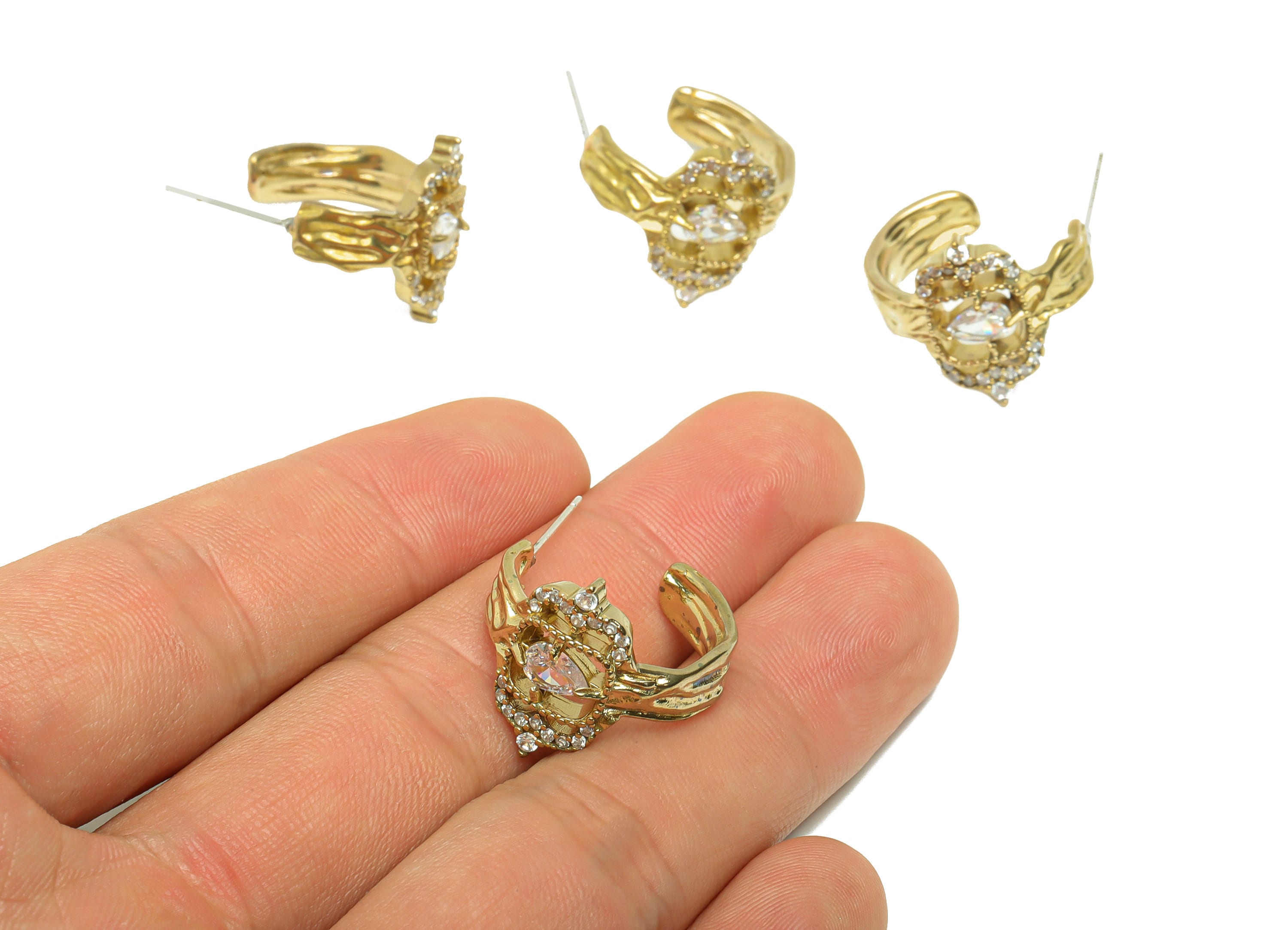 Brass Open Hoop Stud - Raw Brass Teardrop Post - Cubic Zircon Hoop Post - Round Open Hoop Earring Post - Jewelry Making - 25x20x1mm - PP8665 - DOMEDBAZAAR