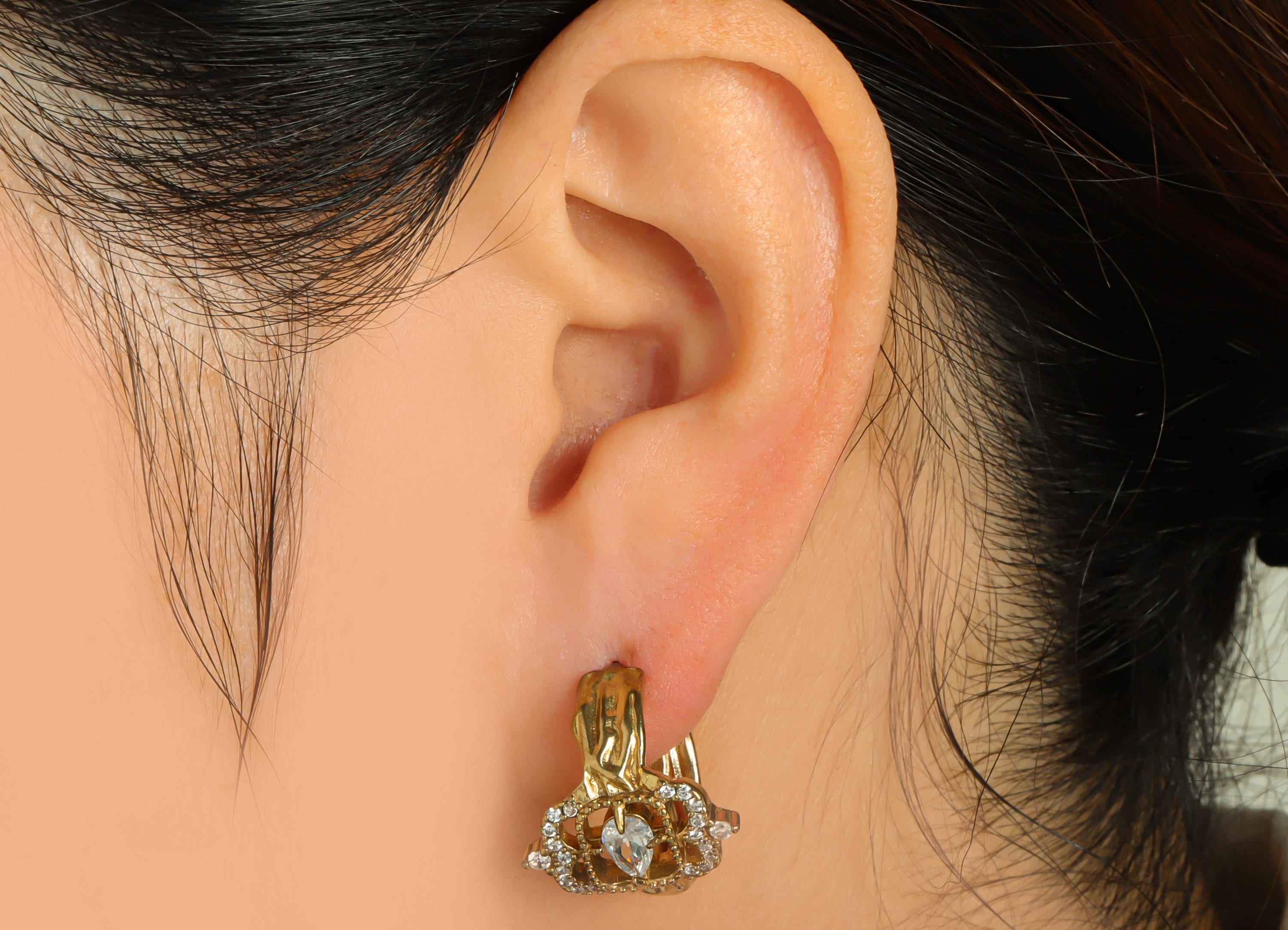 Brass Open Hoop Stud - Raw Brass Teardrop Post - Cubic Zircon Hoop Post - Round Open Hoop Earring Post - Jewelry Making - 25x20x1mm - PP8665 - DOMEDBAZAAR