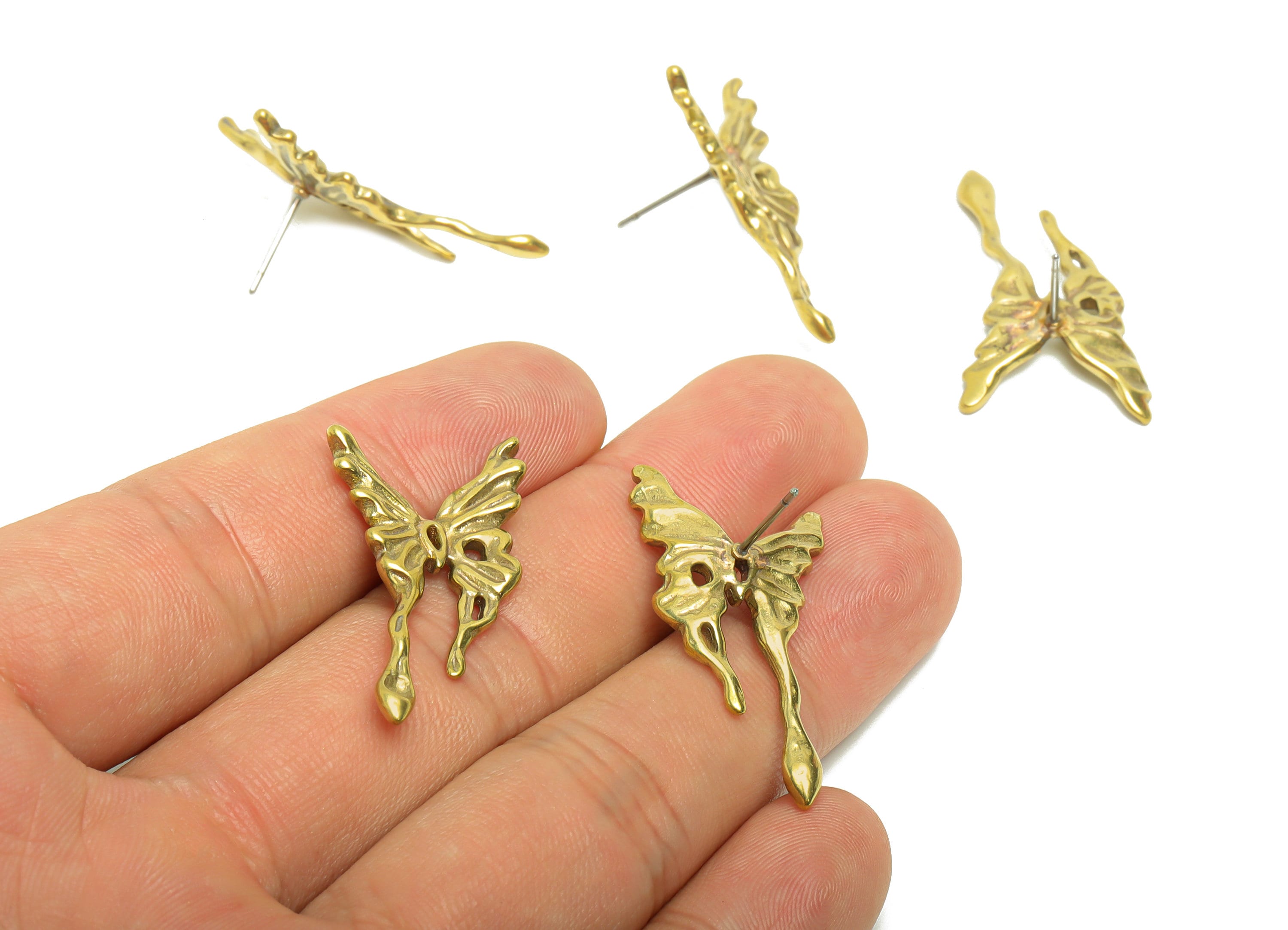 Brass Butterfly Earring Stud - Raw Brass Depression Butterfly Post For Pearl - Melt Butterfly Earring Post - 32.44x17.67x1.9mm- PP8643 - DOMEDBAZAAR