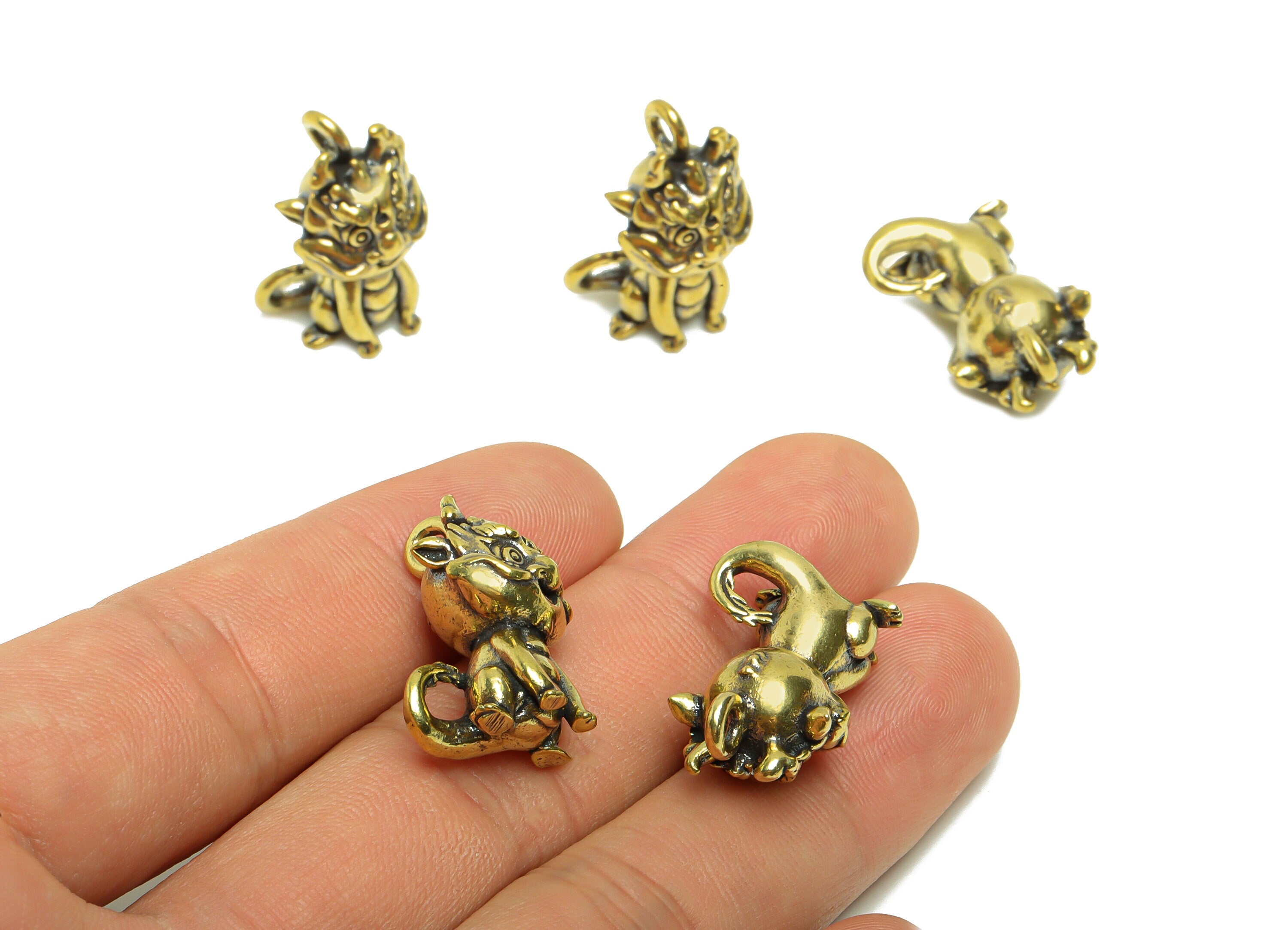 Brass Dragon Charm - Raw Brass Kirin Earring Charm -Antique Looking Pendant - Brass Kirin Figure - Baby Dragon Pendant - 24x14x12mm - PP8756 - DOMEDBAZAAR