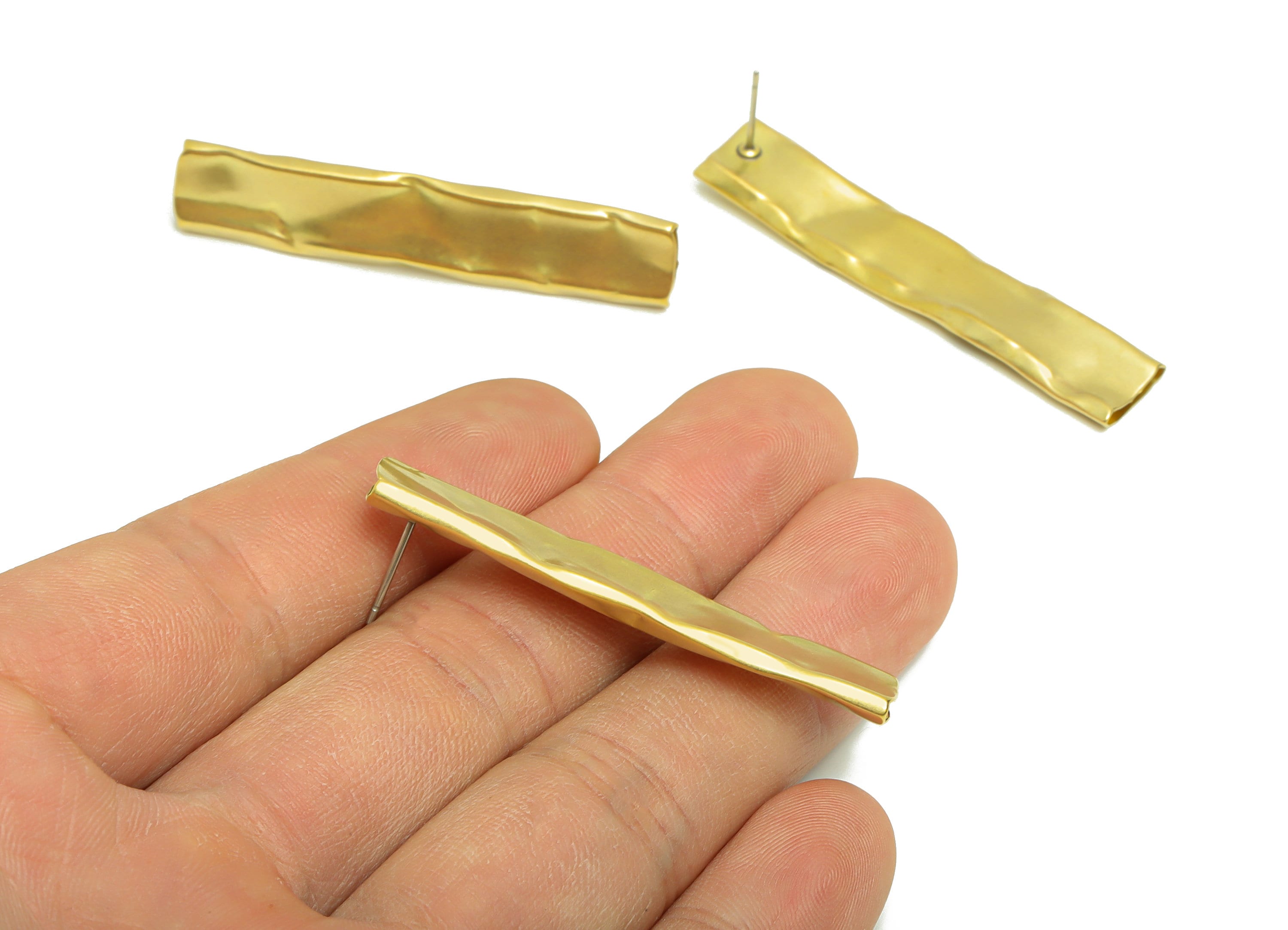Brass Rectangle Earrings Stud - Raw Brass Depression Earring Post - Rectangle Earring Post -Hammered Tube Bar Earring- 49x10x2.72mm - PP8891 - DOMEDBAZAAR