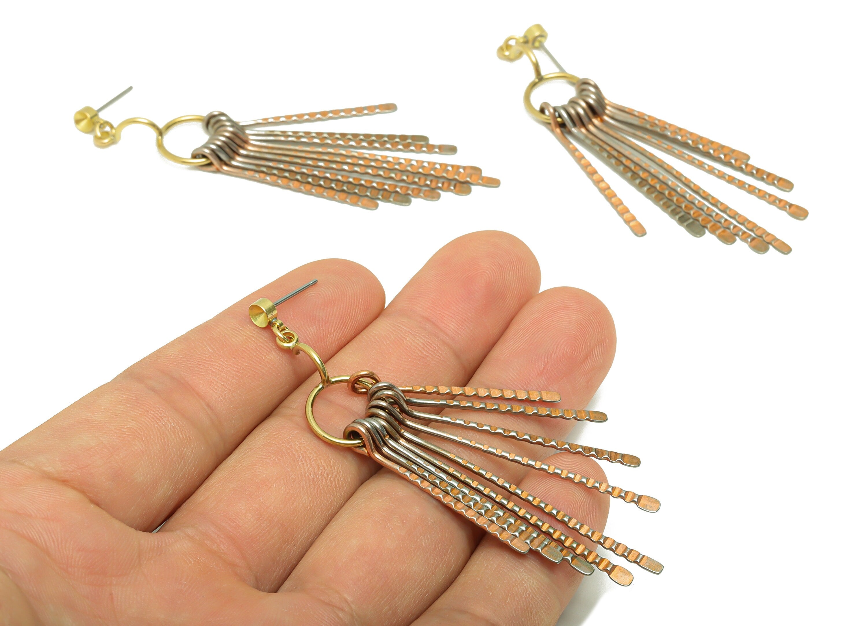 Textured Wires Tassel Earring - Iron Hammered 9 Brass Wires Post - Textured Hang Wires Stud - Stud For Diamond - 74.04x12.09x1.20mm- PP8898 - DOMEDBAZAAR